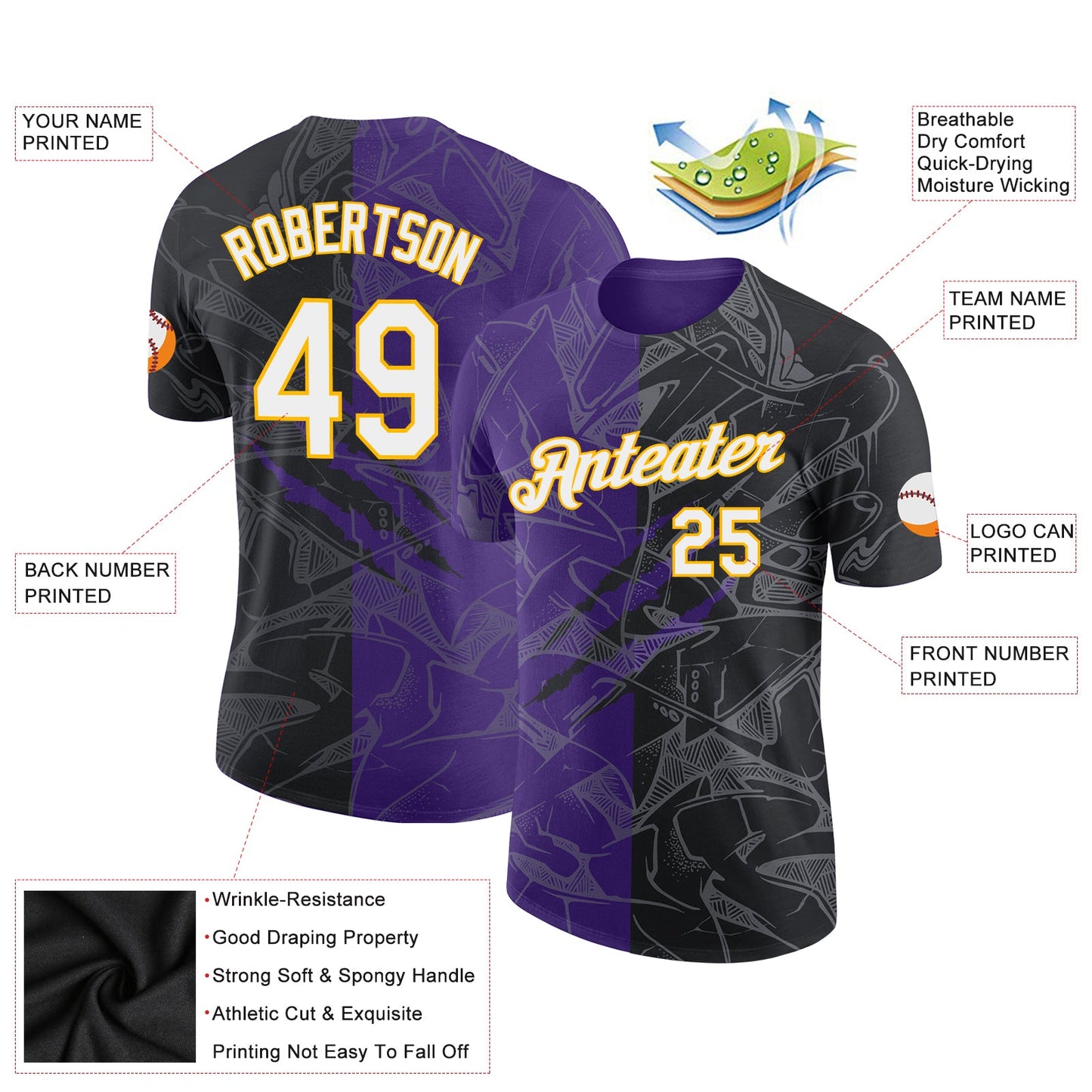 Custom Graffiti Pattern Black Purple-Gold Scratch 3D Performance T-Shirt view 2