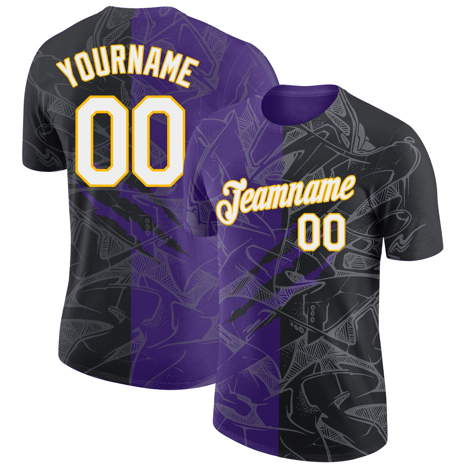 Custom Graffiti Pattern Black Purple-Gold Scratch 3D Performance T-Shirt - Main View
