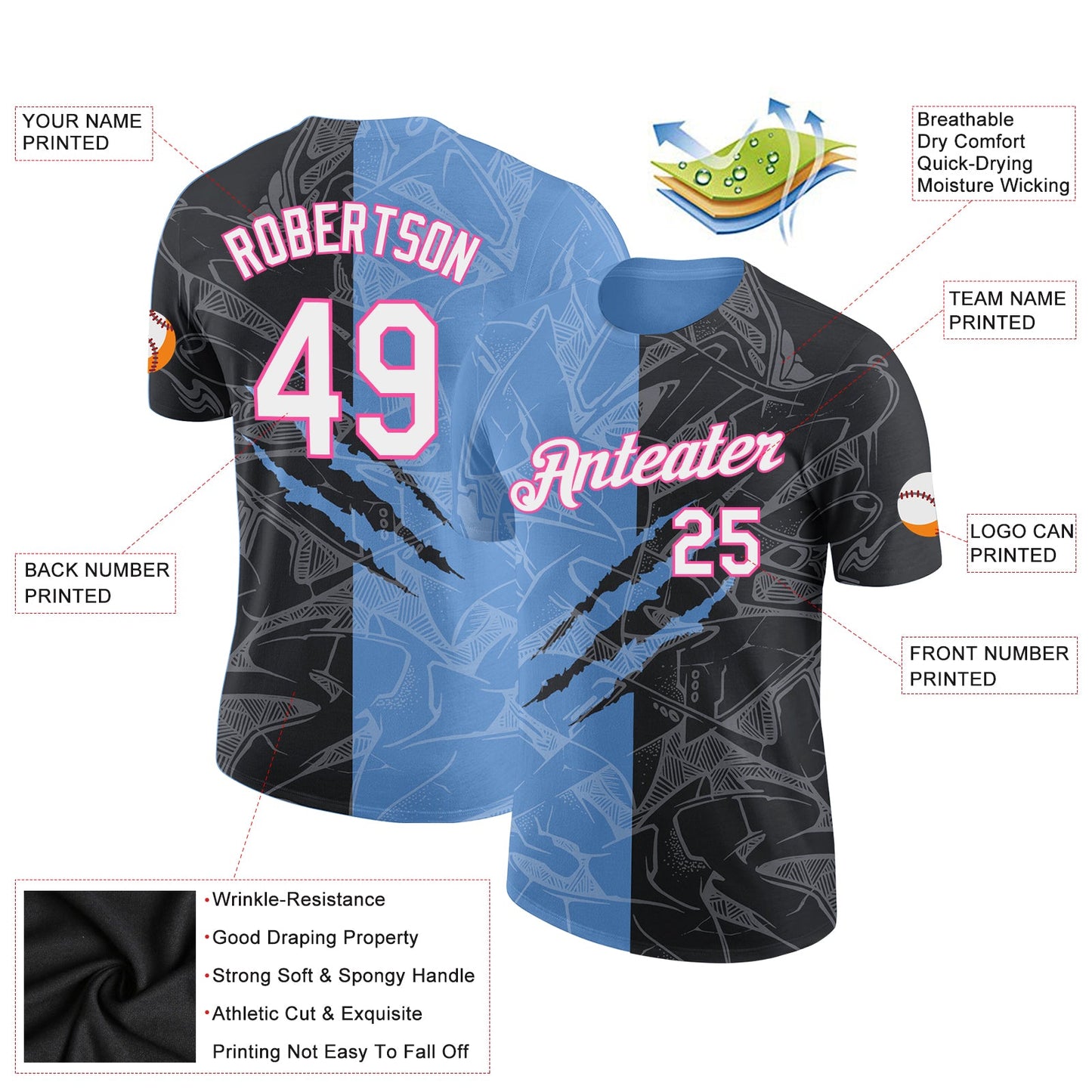 Custom Graffiti Pattern Black Light Blue-Pink Scratch 3D Performance T-Shirt view 2