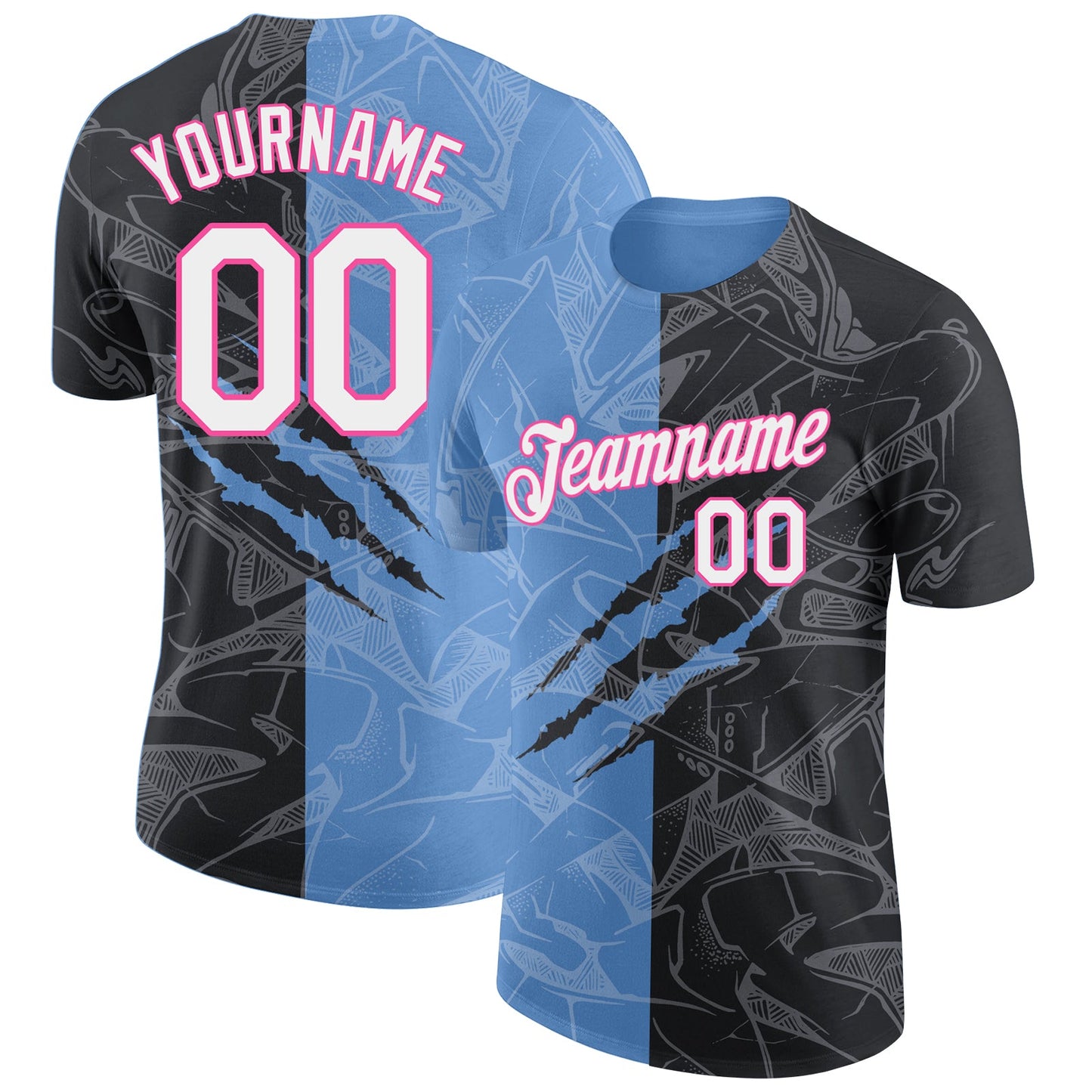 Custom Graffiti Pattern Black Light Blue-Pink Scratch 3D Performance T-Shirt - Main View