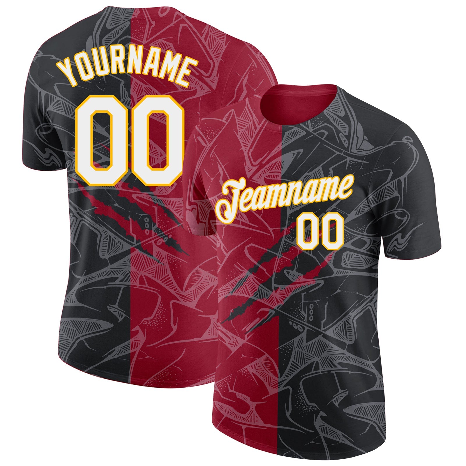 Custom Graffiti Pattern Black Crimson-Gold Scratch 3D Performance T-Shirt - Main View