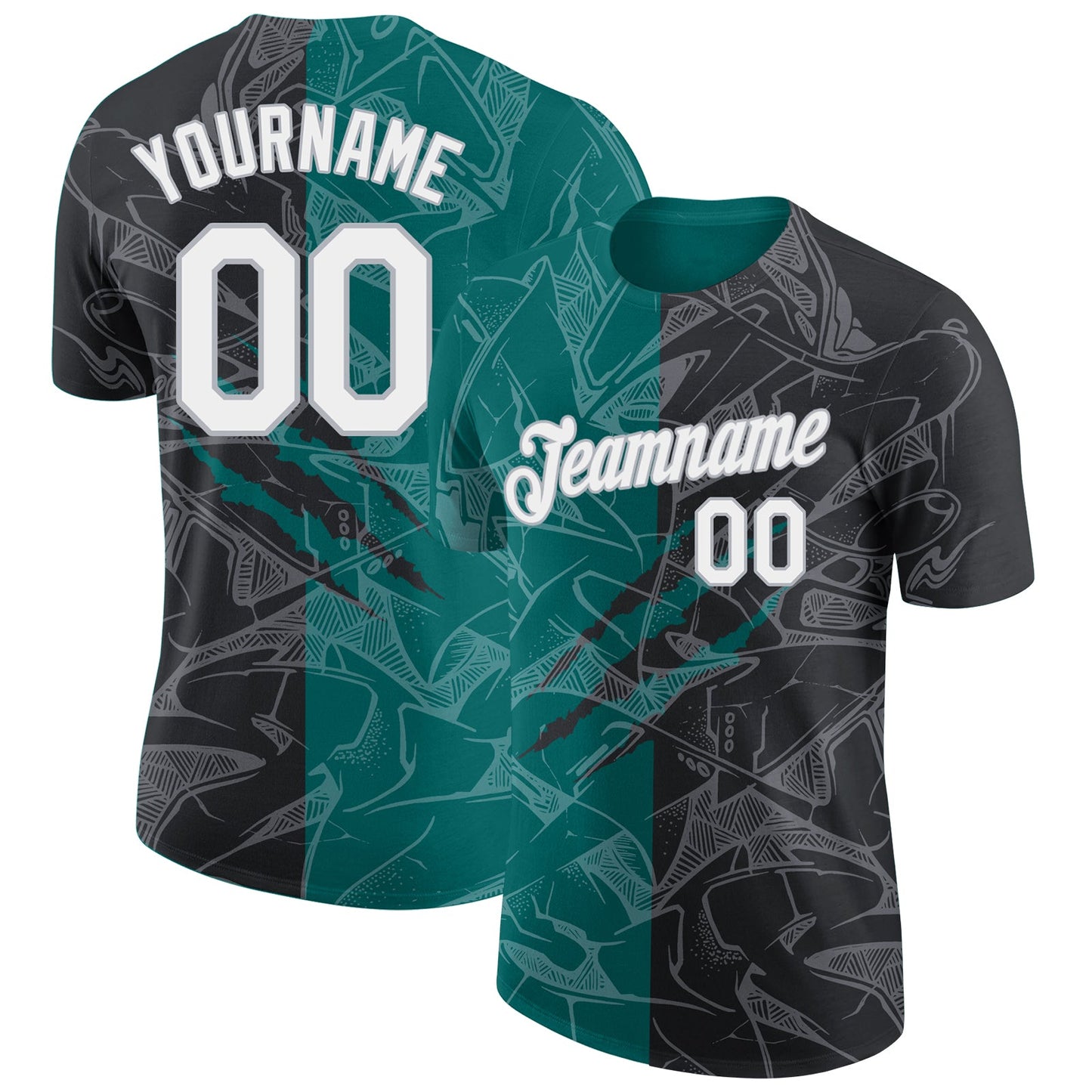Custom Graffiti Pattern Black Teal-Gray Scratch 3D Performance T-Shirt - Main View