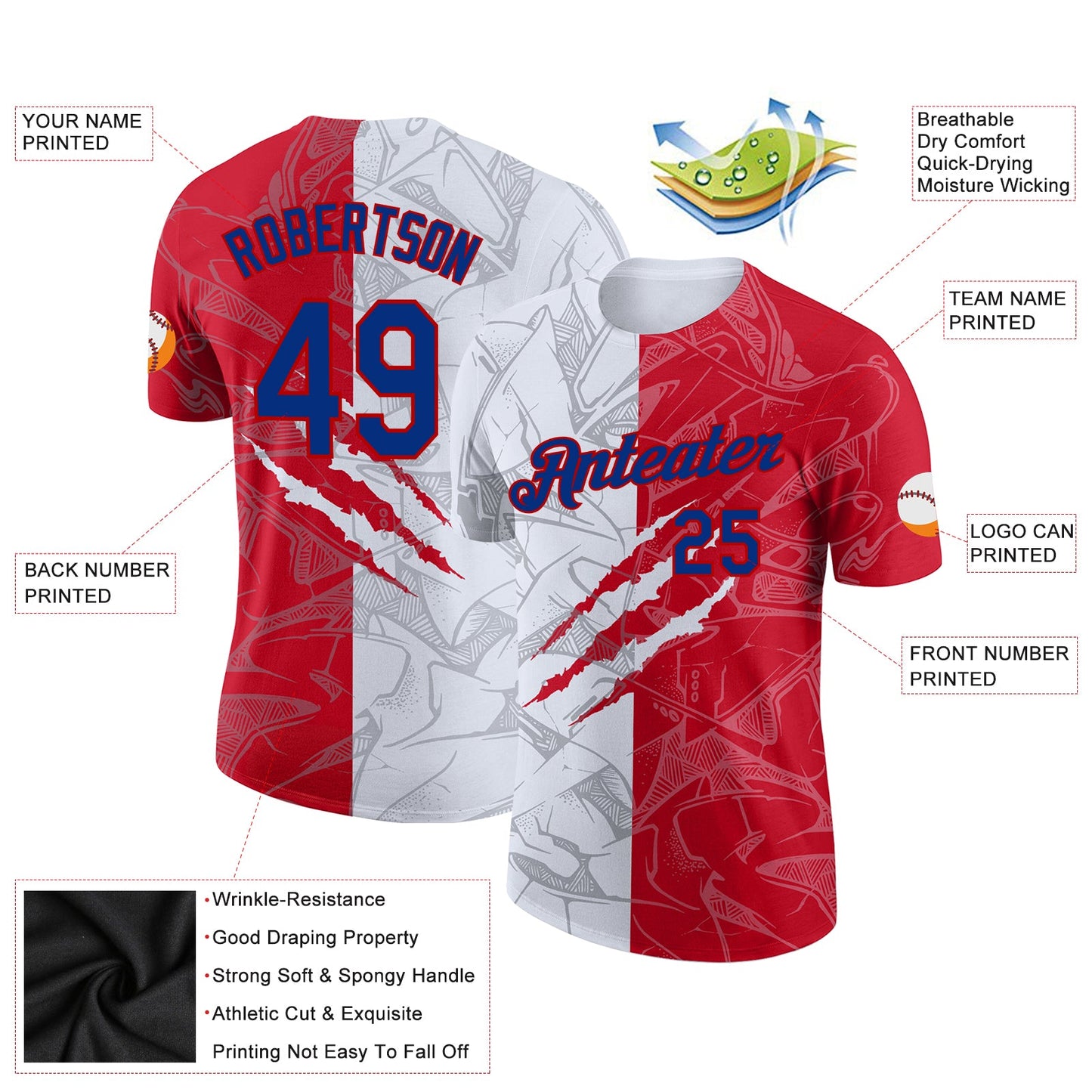 Custom Graffiti Pattern Royal-Red Scratch 3D Performance T-Shirt view 2