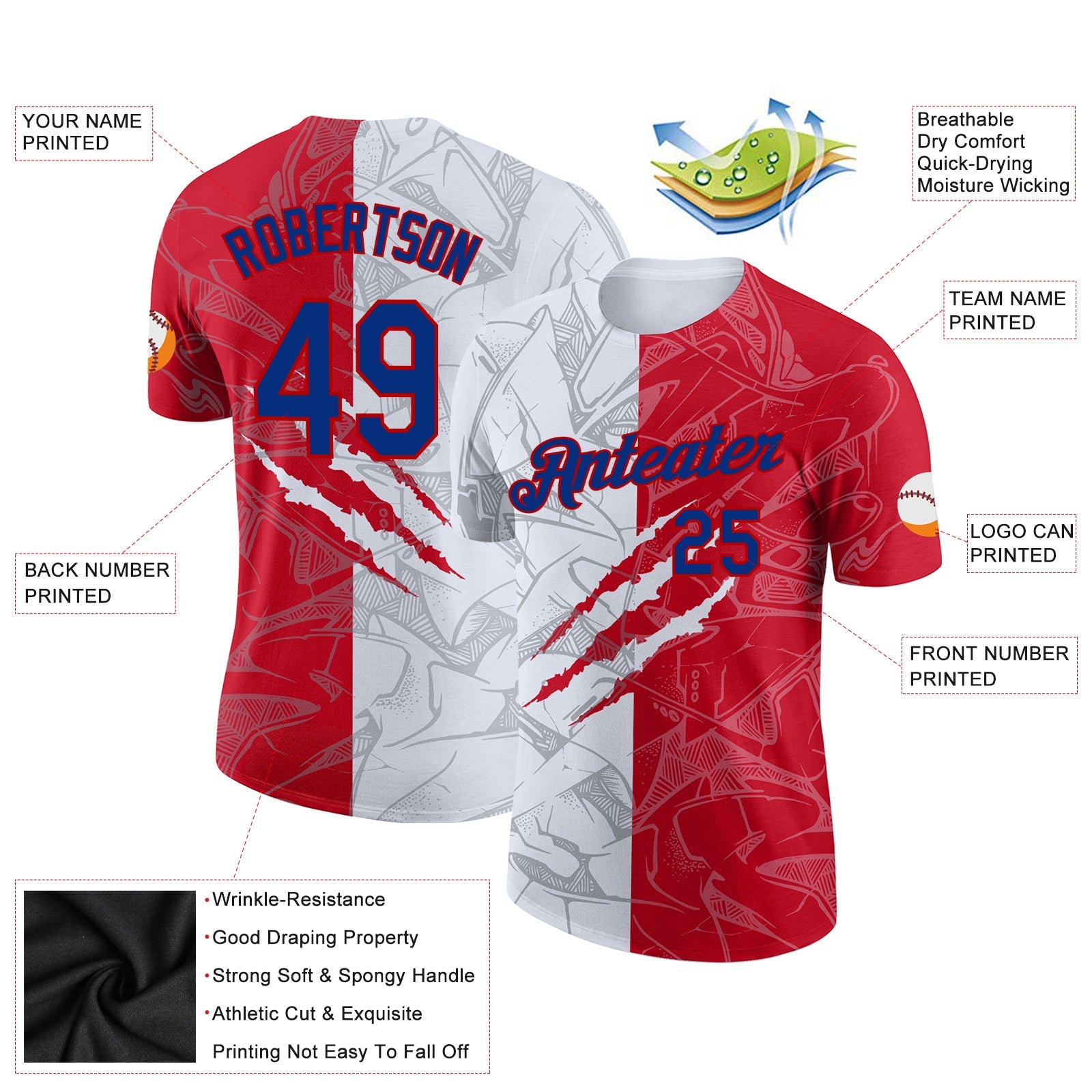 Custom Graffiti Pattern Royal-Red Scratch 3D Performance T-Shirt view 2