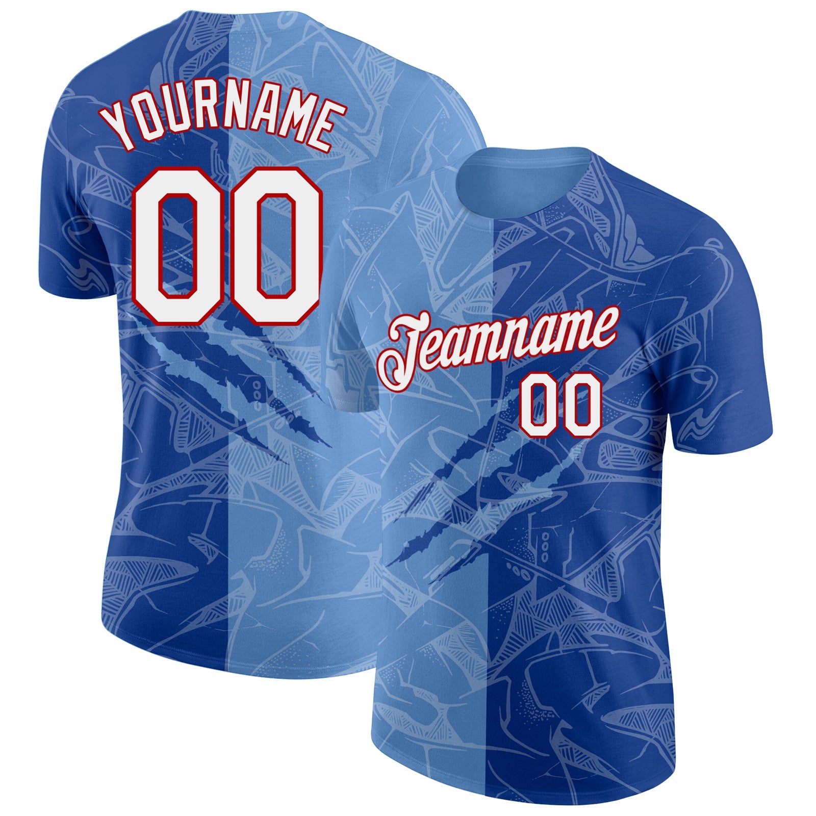 Custom Graffiti Pattern Royal Light Blue-Red Scratch 3D Performance T-Shirt - Main View