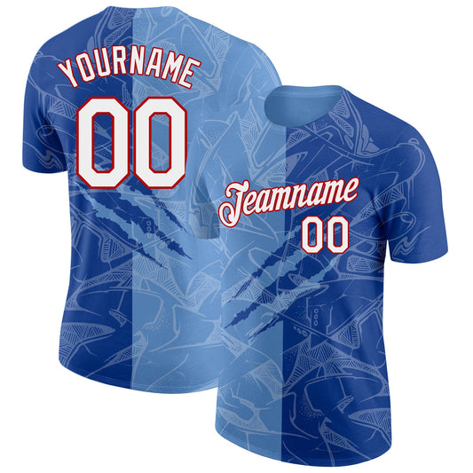 Custom Graffiti Pattern Royal Light Blue-Red Scratch 3D Performance T-Shirt - Main View