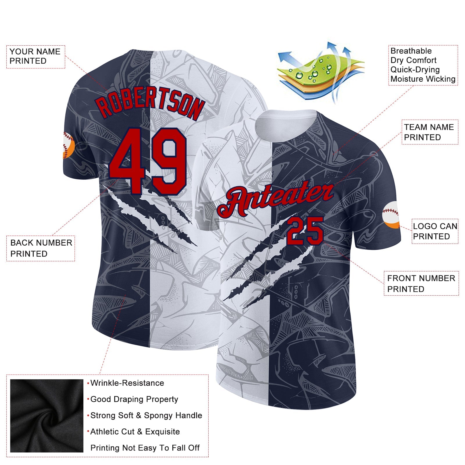 Custom Graffiti Pattern Red-Navy Scratch 3D Performance T-Shirt view 2