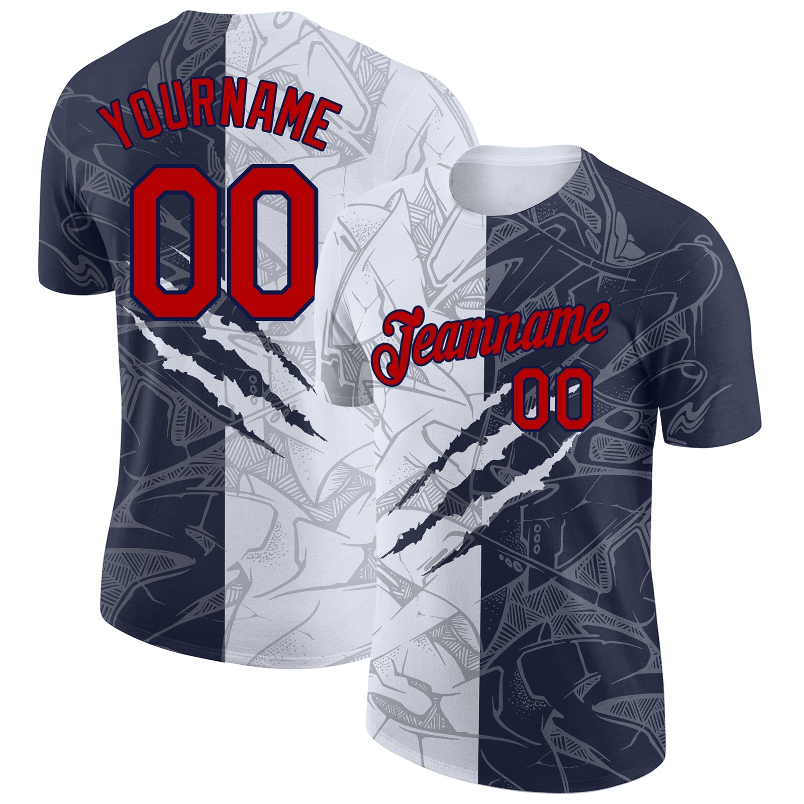 Custom Graffiti Pattern Red-Navy Scratch 3D Performance T-Shirt - Main View