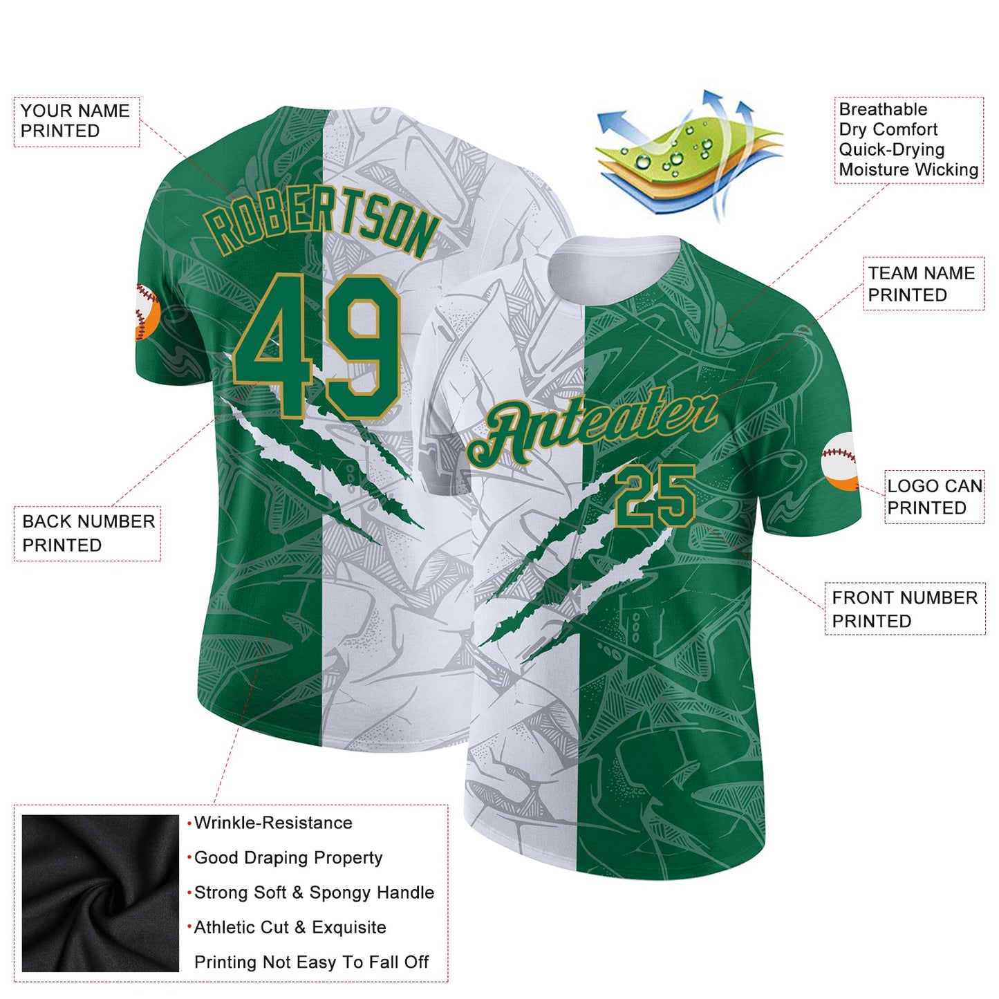 Custom Graffiti Pattern Kelly Green-Old Gold Scratch 3D Performance T-Shirt view 2