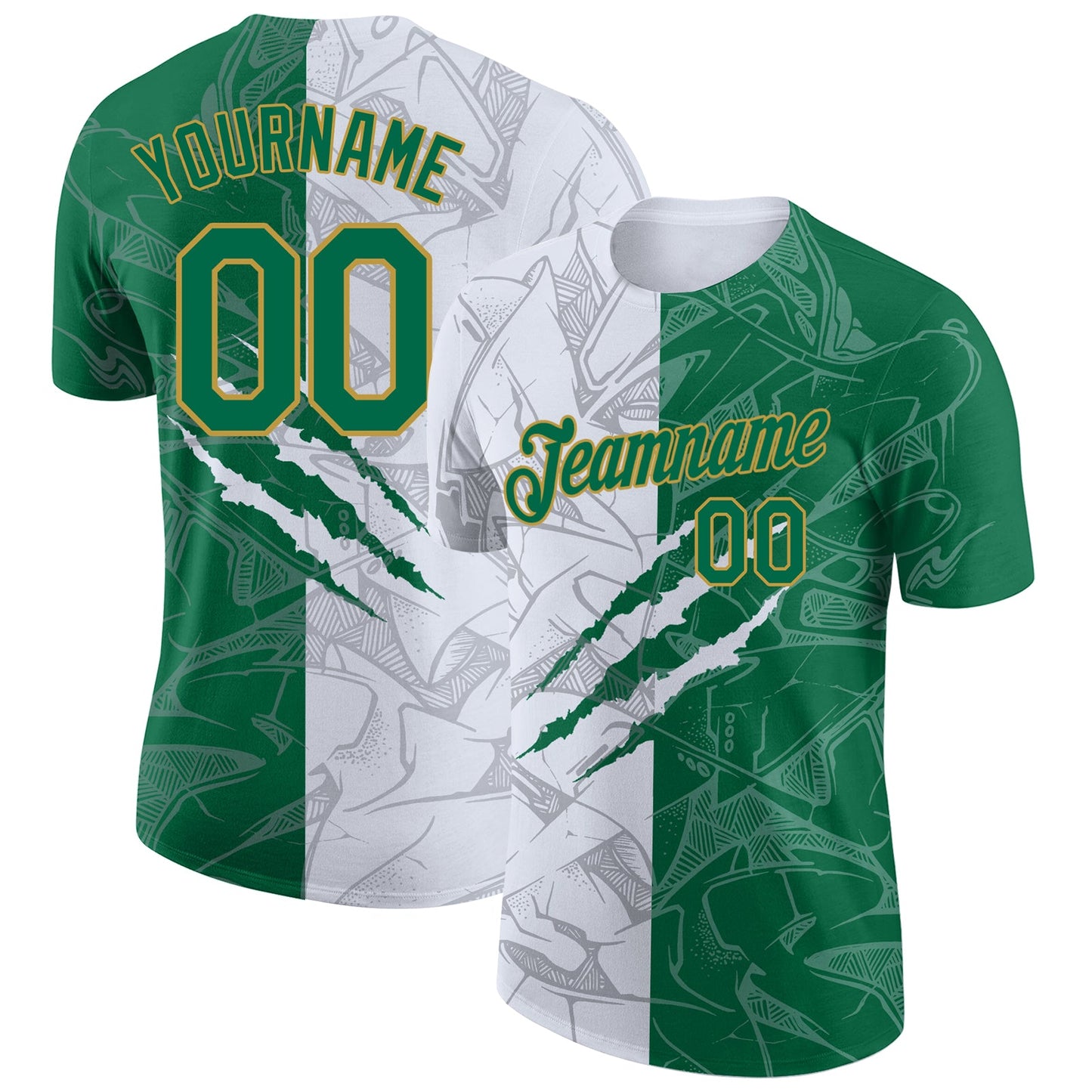 Custom Graffiti Pattern Kelly Green-Old Gold Scratch 3D Performance T-Shirt - Main View