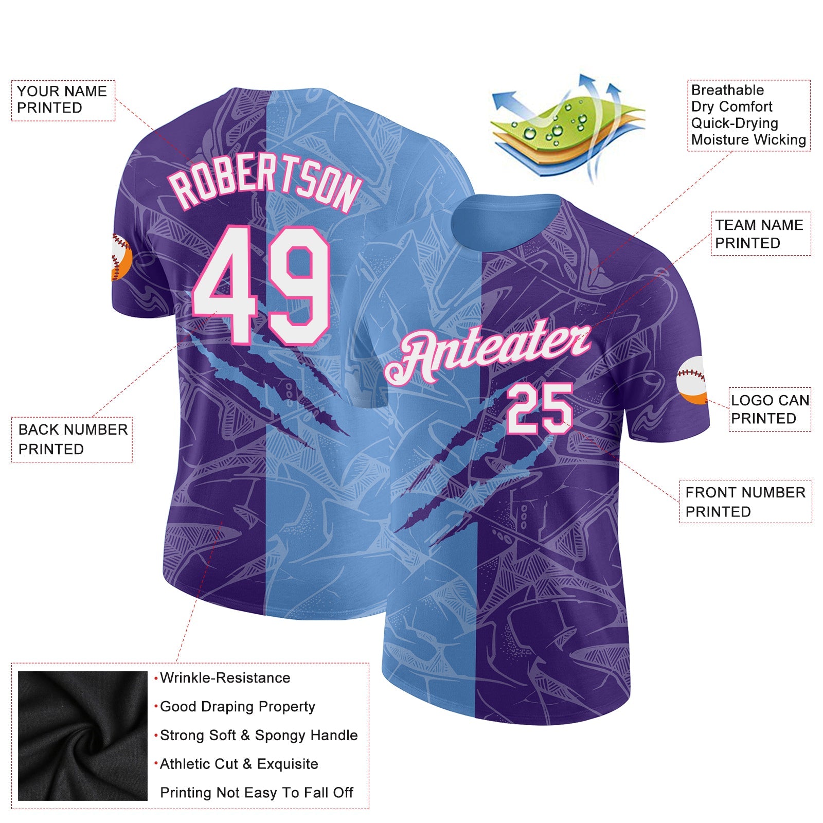 Custom Graffiti Pattern Purple Light Blue-Pink Scratch 3D Performance T-Shirt view 2