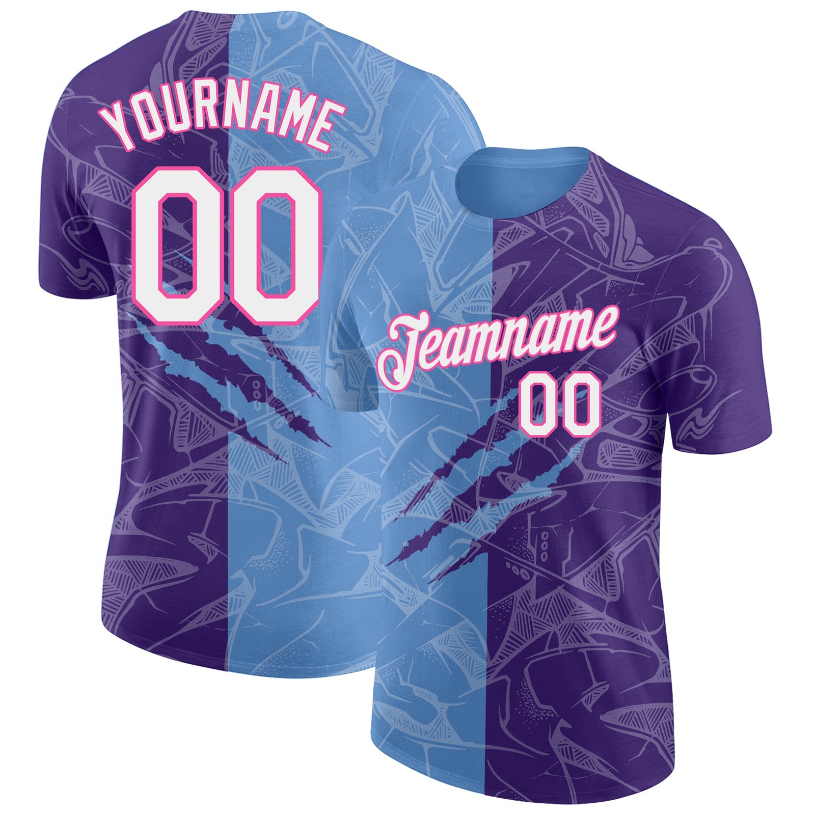 Custom Graffiti Pattern Purple Light Blue-Pink Scratch 3D Performance T-Shirt - Main View