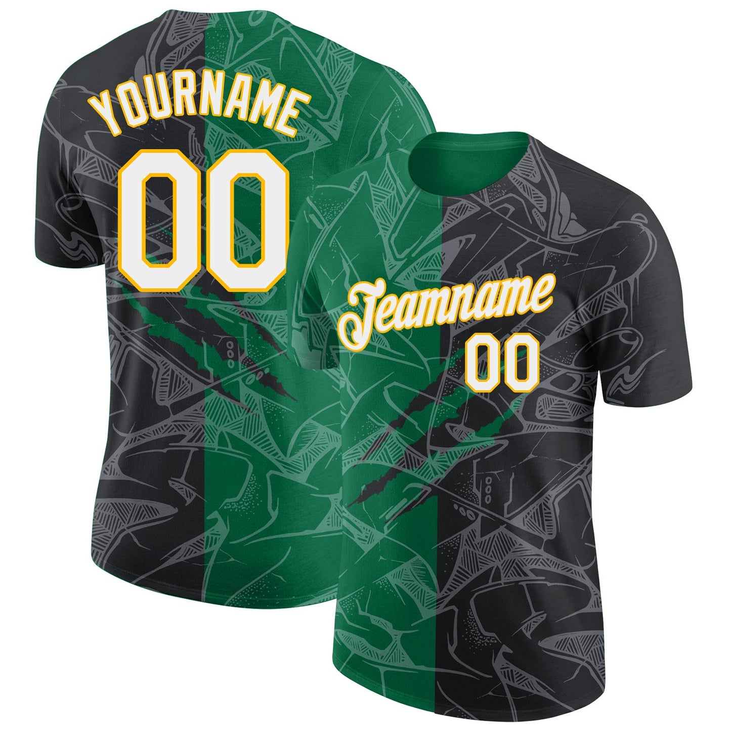 Custom Graffiti Pattern Black Kelly Green-Gold Scratch 3D Performance T-Shirt - Main View