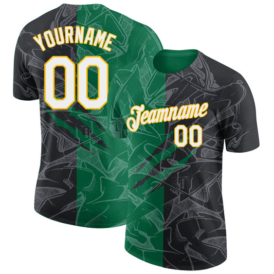 Custom Graffiti Pattern Black Kelly Green-Gold Scratch 3D Performance T-Shirt - Main View