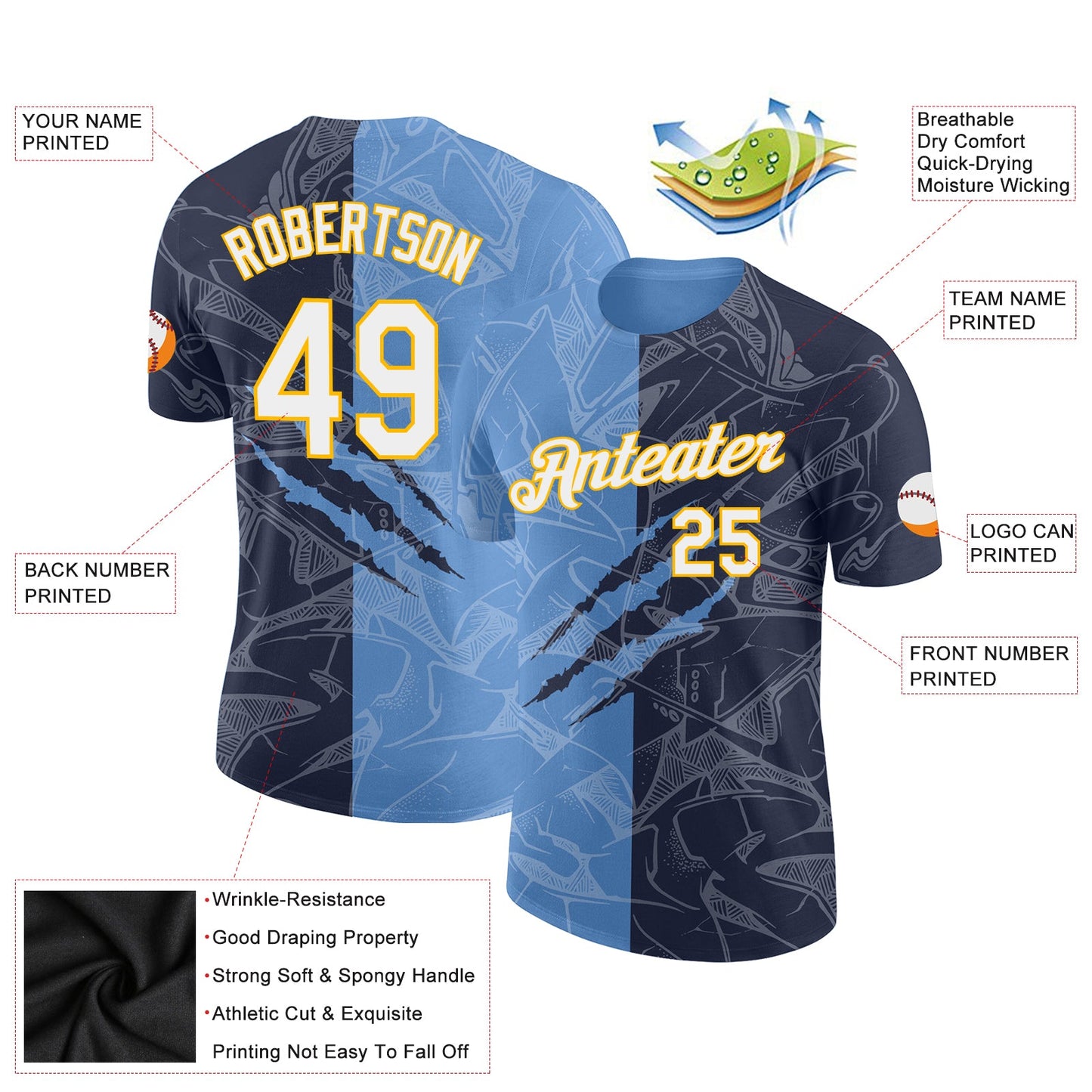 Custom Graffiti Pattern Navy Light Blue-Gold Scratch 3D Performance T-Shirt view 2