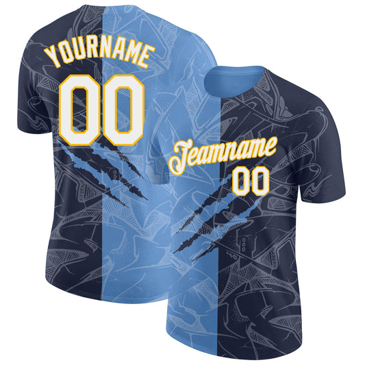 Custom Graffiti Pattern Navy Light Blue-Gold Scratch 3D Performance T-Shirt - Main View