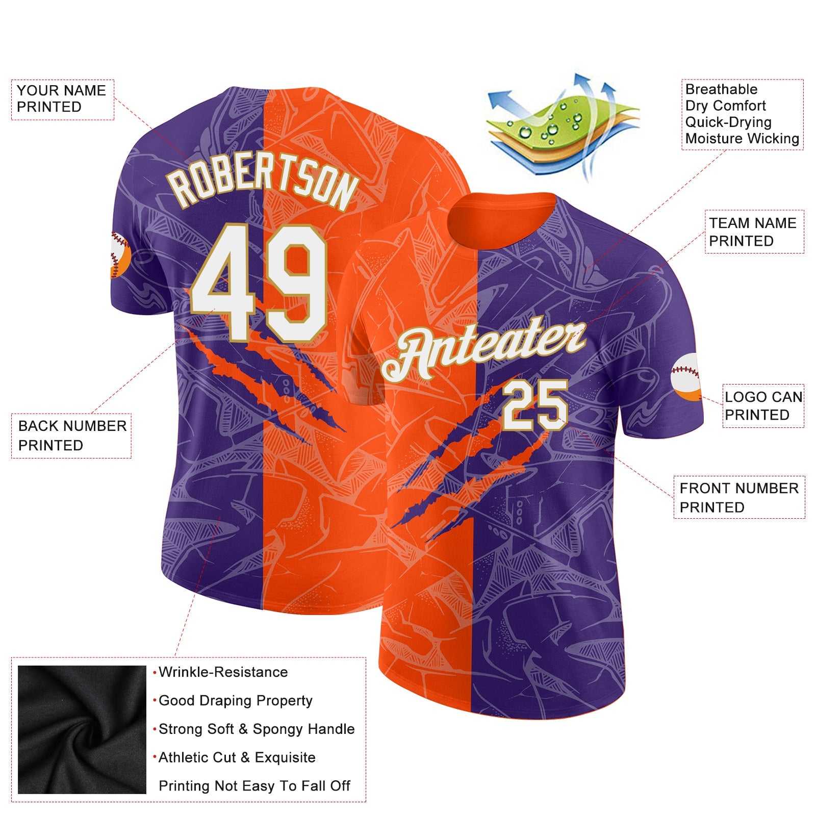 Custom Graffiti Pattern Purple Orange-Old Gold Scratch 3D Performance T-Shirt view 2