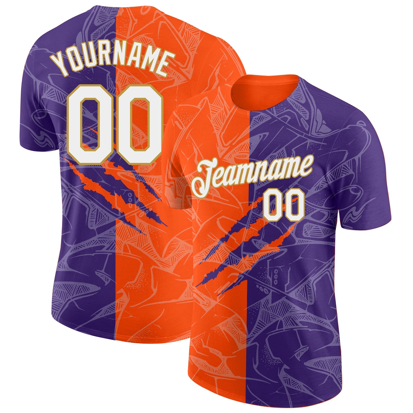 Custom Graffiti Pattern Purple Orange-Old Gold Scratch 3D Performance T-Shirt - Main View