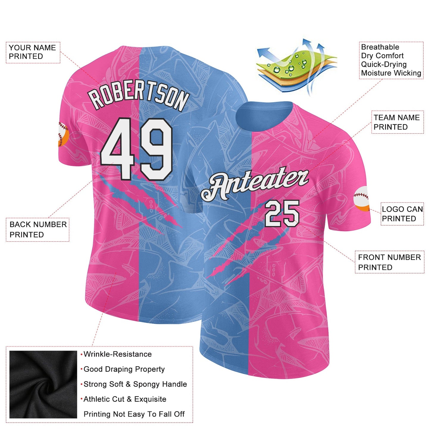 Custom Graffiti Pattern Pink Light Blue-Black Scratch 3D Performance T-Shirt view 2