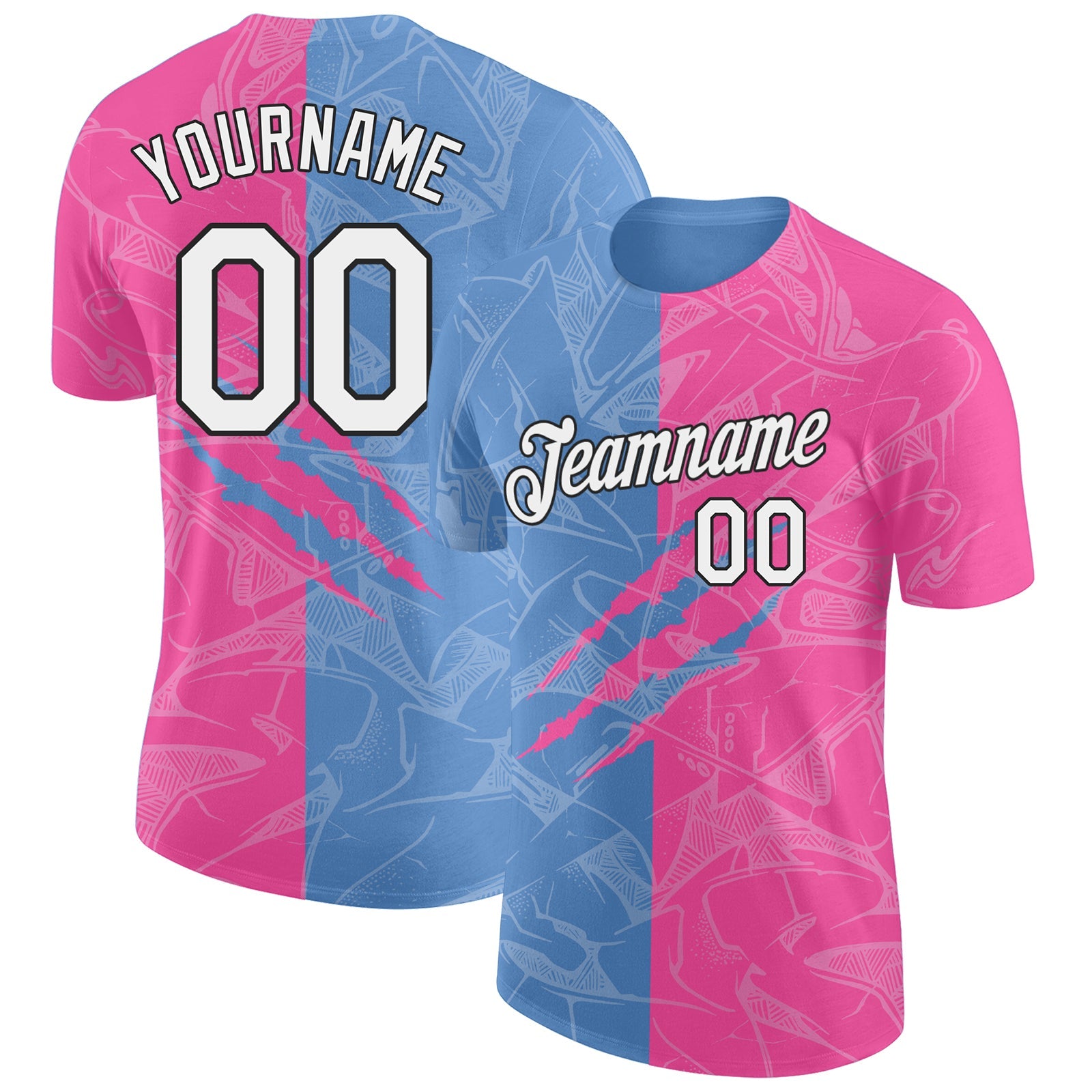 Custom Graffiti Pattern Pink Light Blue-Black Scratch 3D Performance T-Shirt - Main View