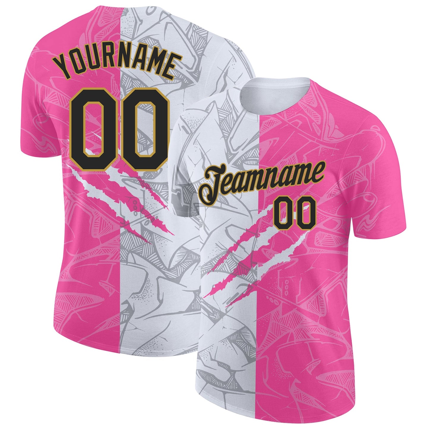 Custom Graffiti Pattern Black Pink-Old Gold Scratch 3D Performance T-Shirt - Main View