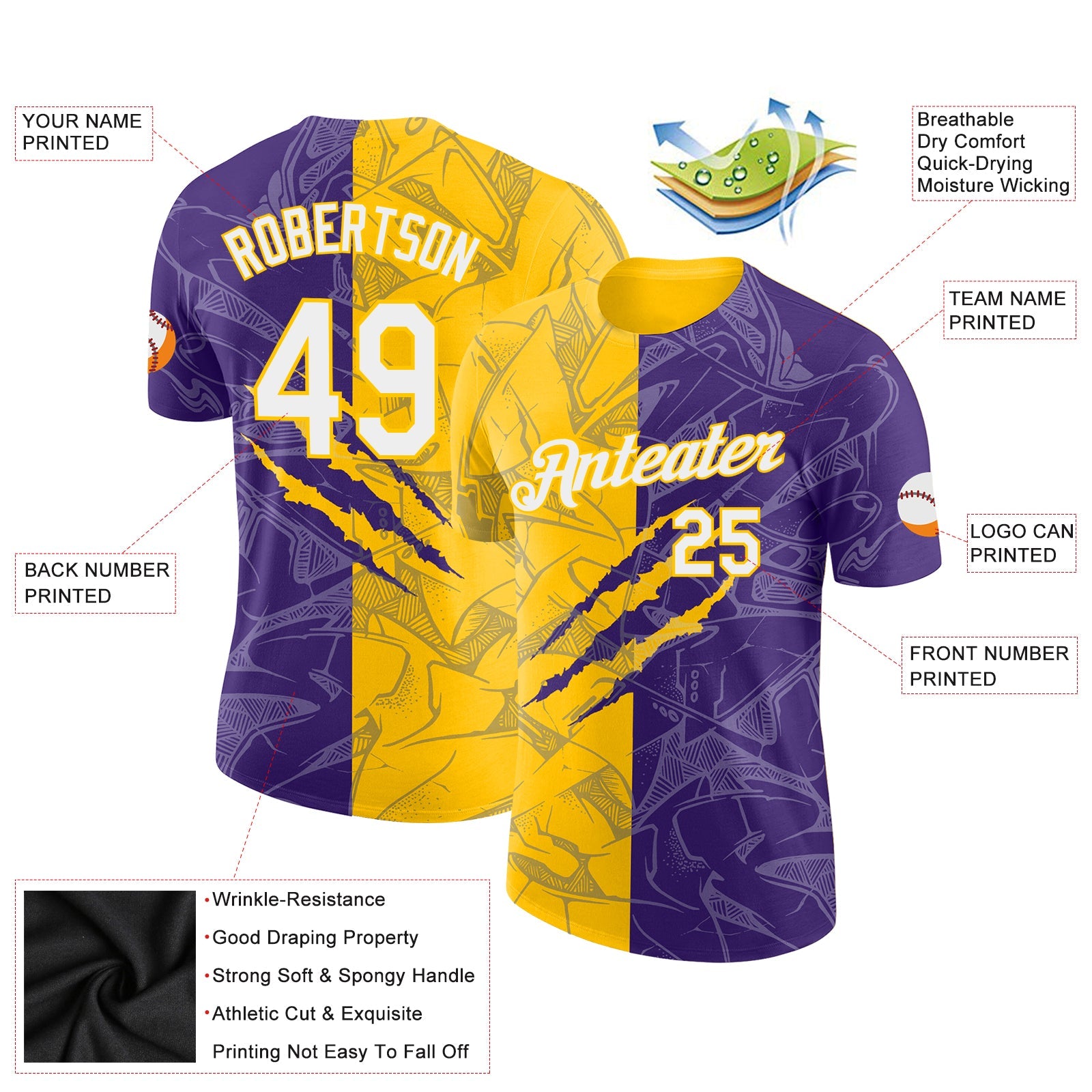 Custom Graffiti Pattern Purple-Yellow Scratch 3D Performance T-Shirt view 2