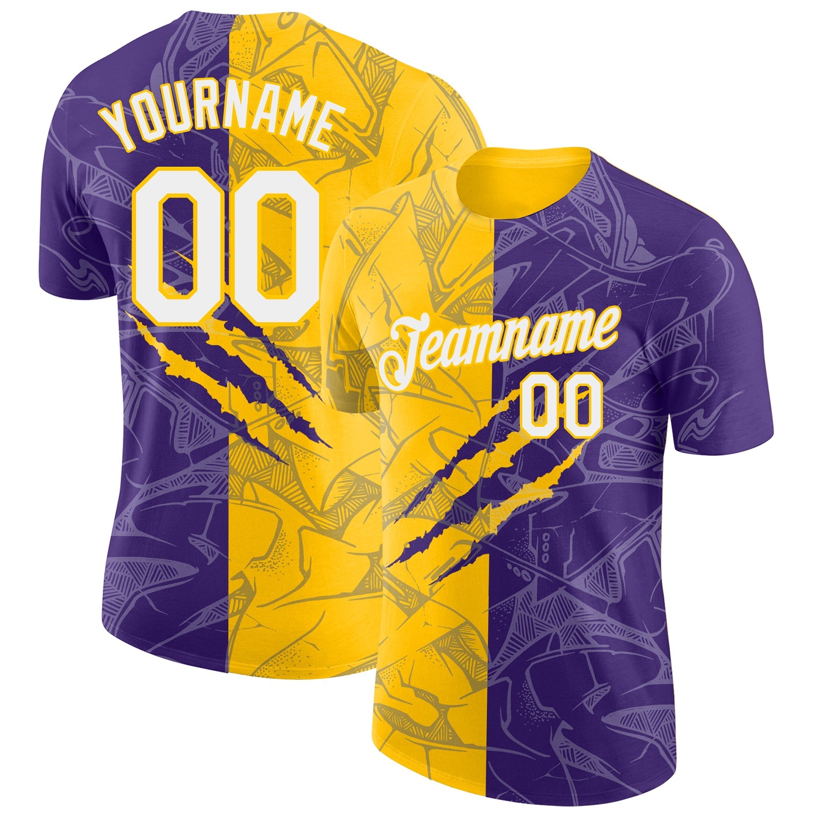 Custom Graffiti Pattern Purple-Yellow Scratch 3D Performance T-Shirt - Main View