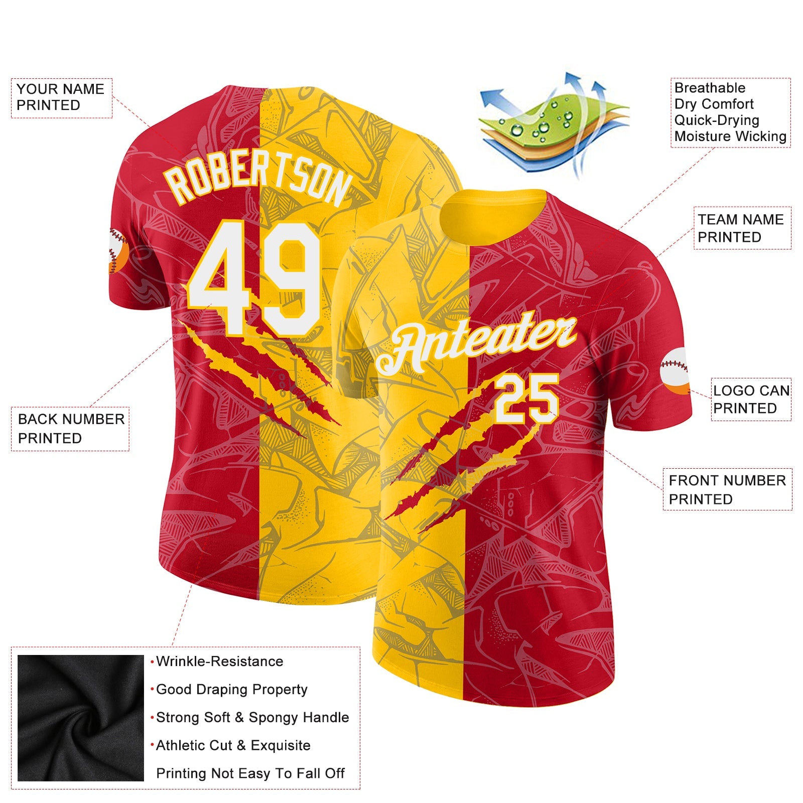 Custom Graffiti Pattern Red-Yellow Scratch 3D Performance T-Shirt view 2