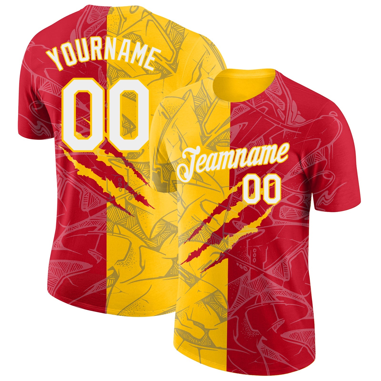 Custom Graffiti Pattern Red-Yellow Scratch 3D Performance T-Shirt - Main View