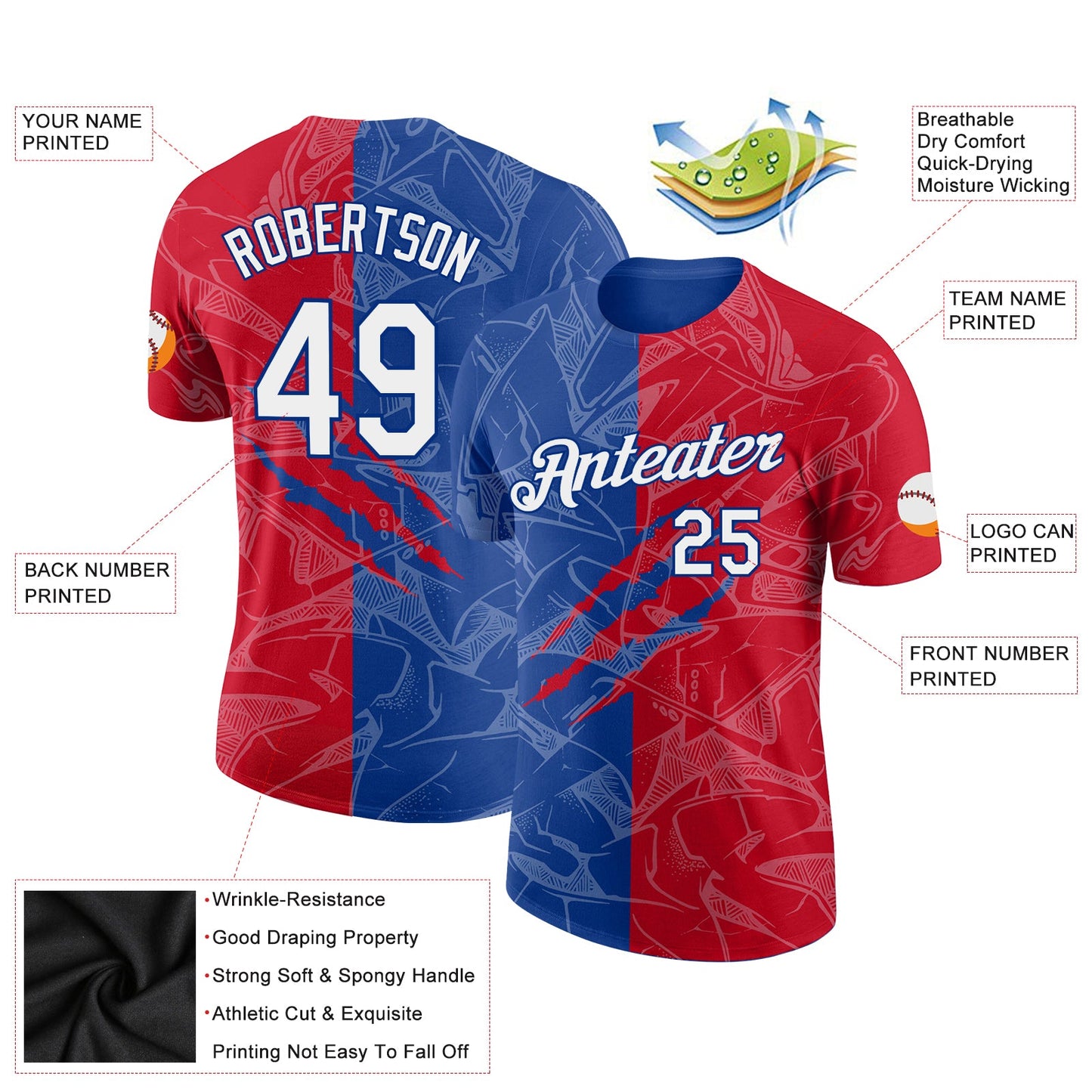 Custom Graffiti Pattern Red-Royal Scratch 3D Performance T-Shirt view 2