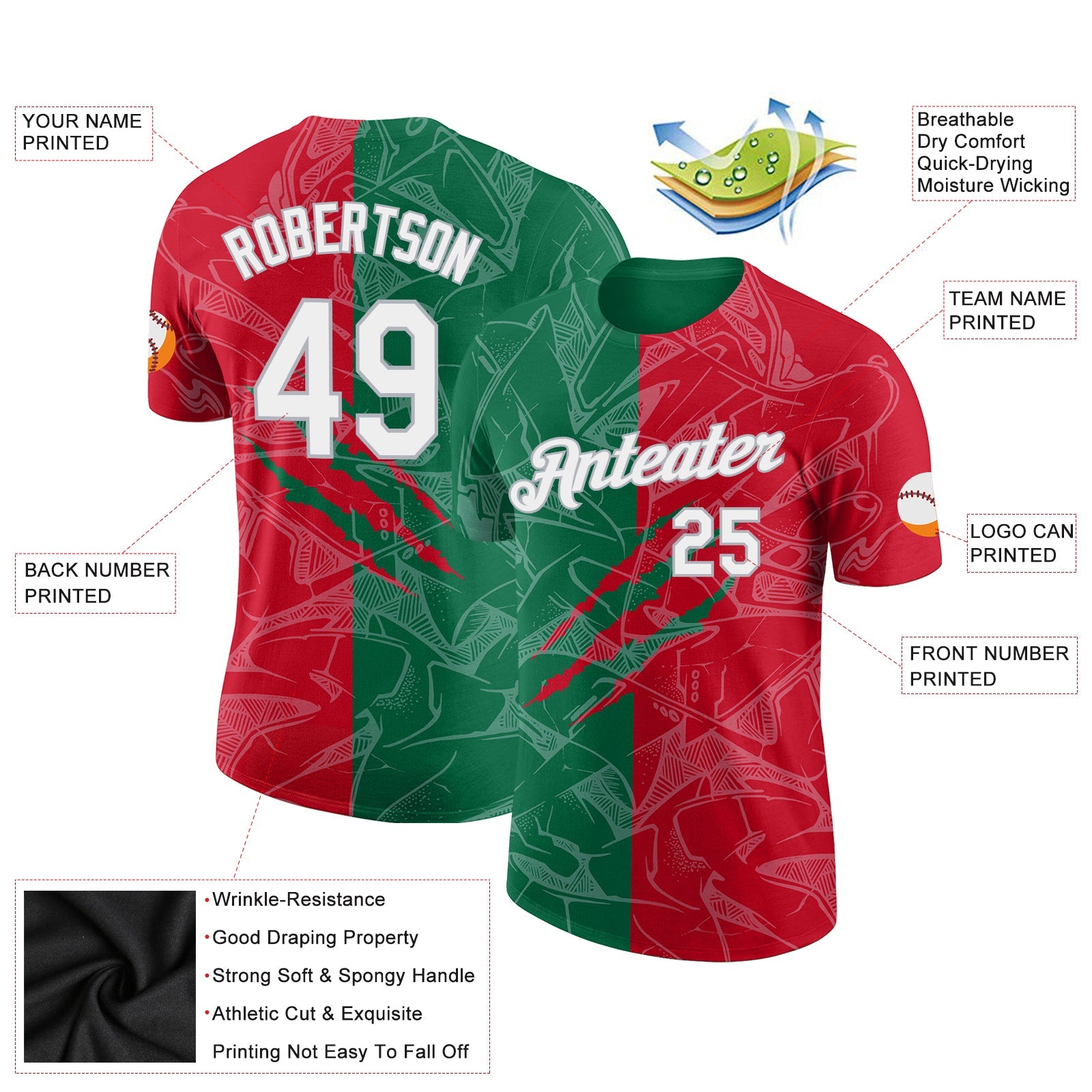 Custom Graffiti Pattern Red Kelly Green-Gray Scratch 3D Performance T-Shirt view 2