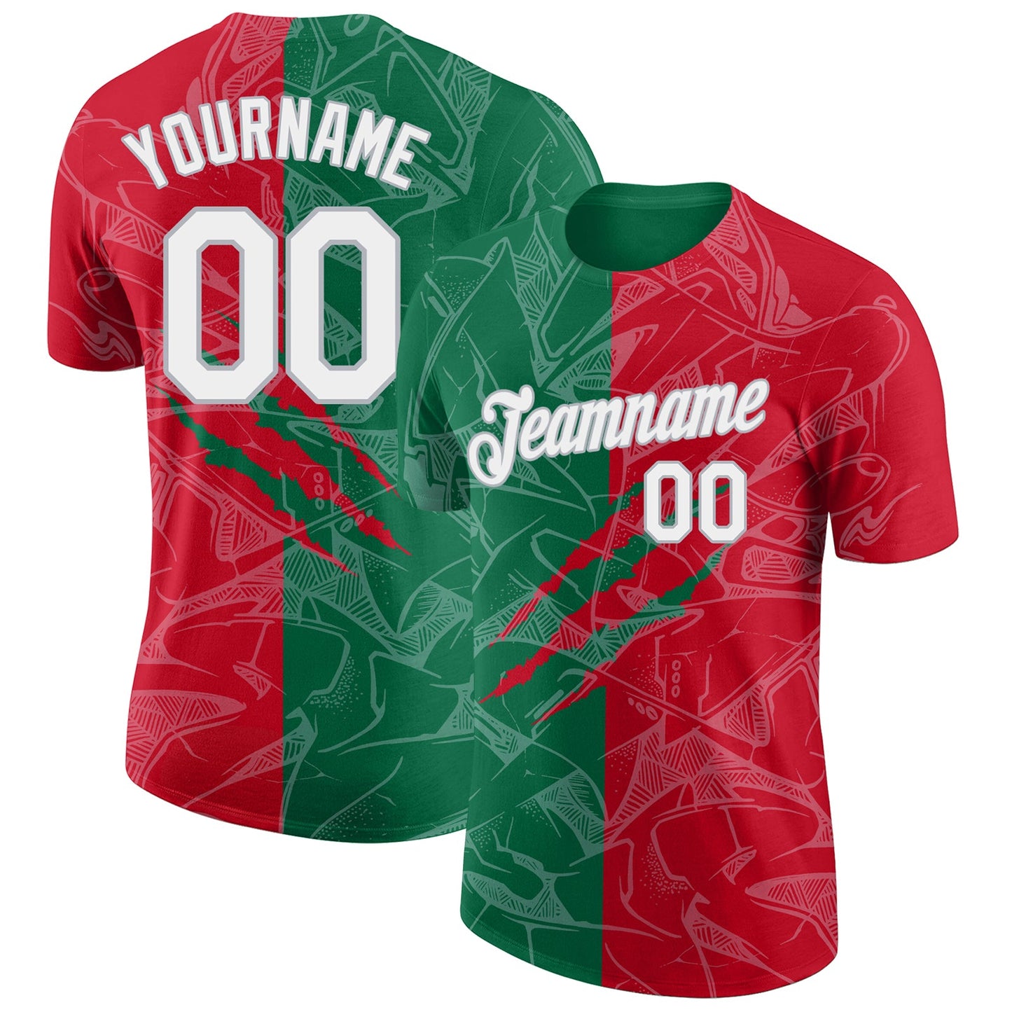 Custom Graffiti Pattern Red Kelly Green-Gray Scratch 3D Performance T-Shirt - Main View