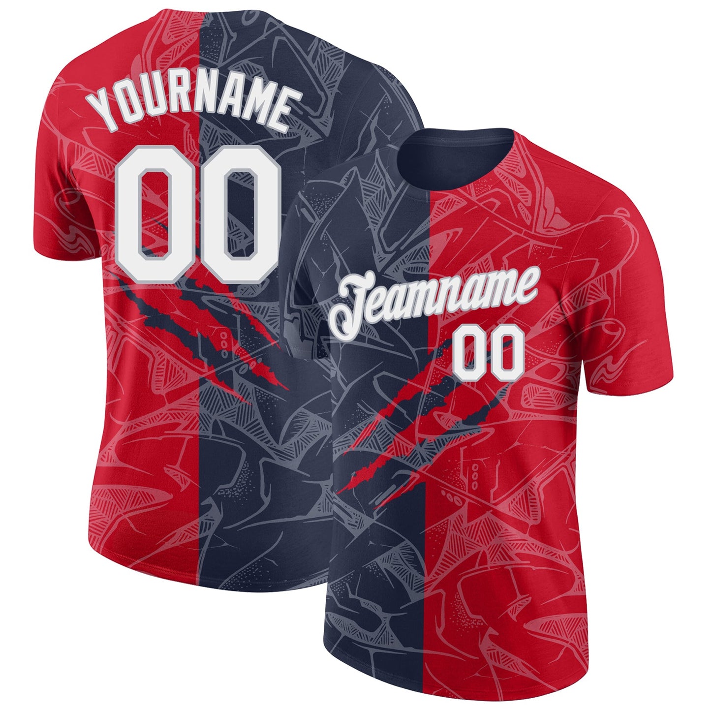 Custom Graffiti Pattern Red Navy-Gray Scratch 3D Performance T-Shirt - Main View