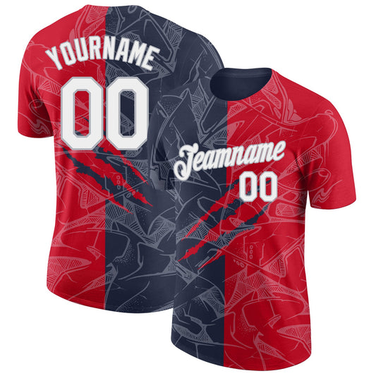 Custom Graffiti Pattern Red Navy-Gray Scratch 3D Performance T-Shirt - Main View