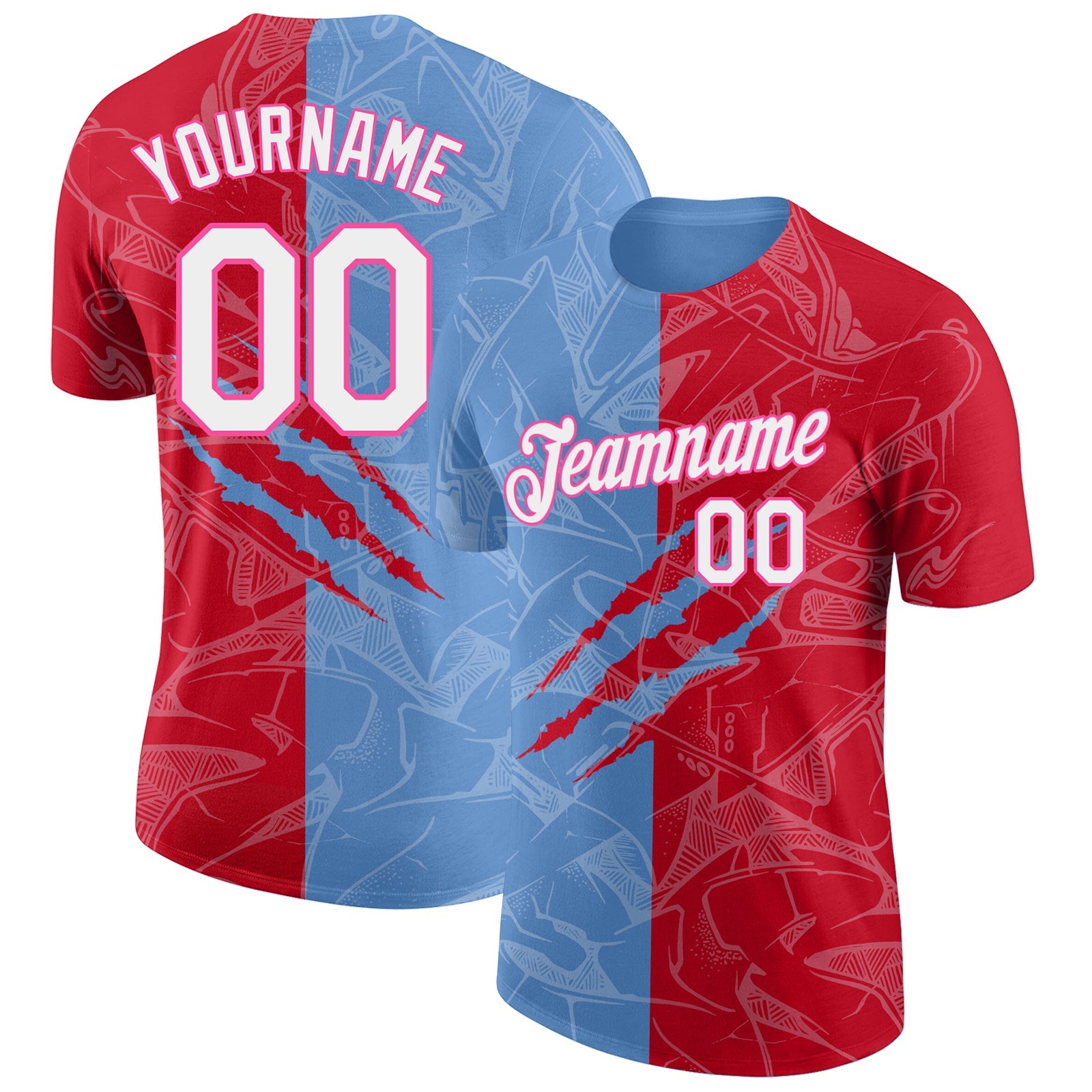 Custom Graffiti Pattern Red Light Blue-Pink Scratch 3D Performance T-Shirt - Main View