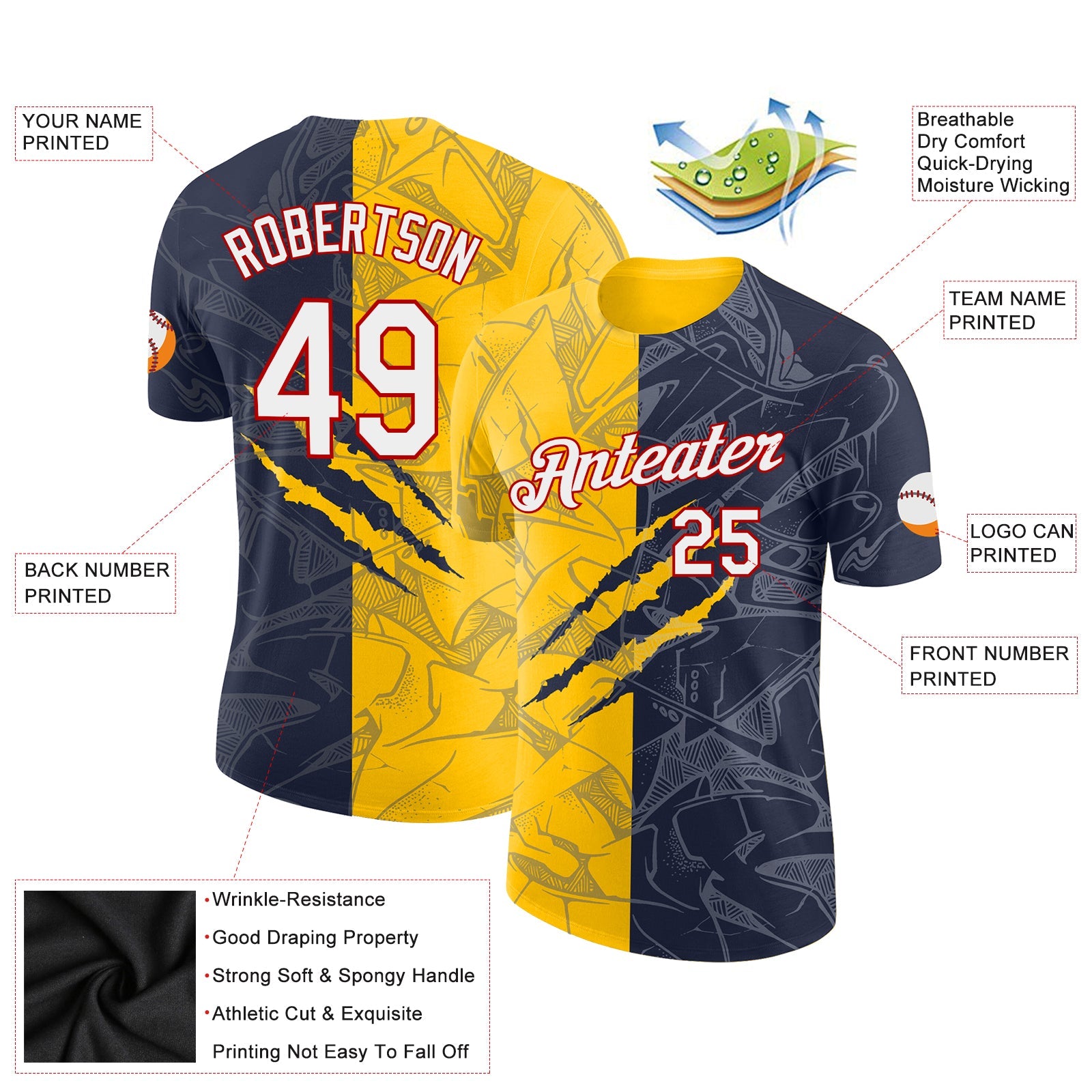 Custom Graffiti Pattern Navy Yellow-Red Scratch 3D Performance T-Shirt view 2
