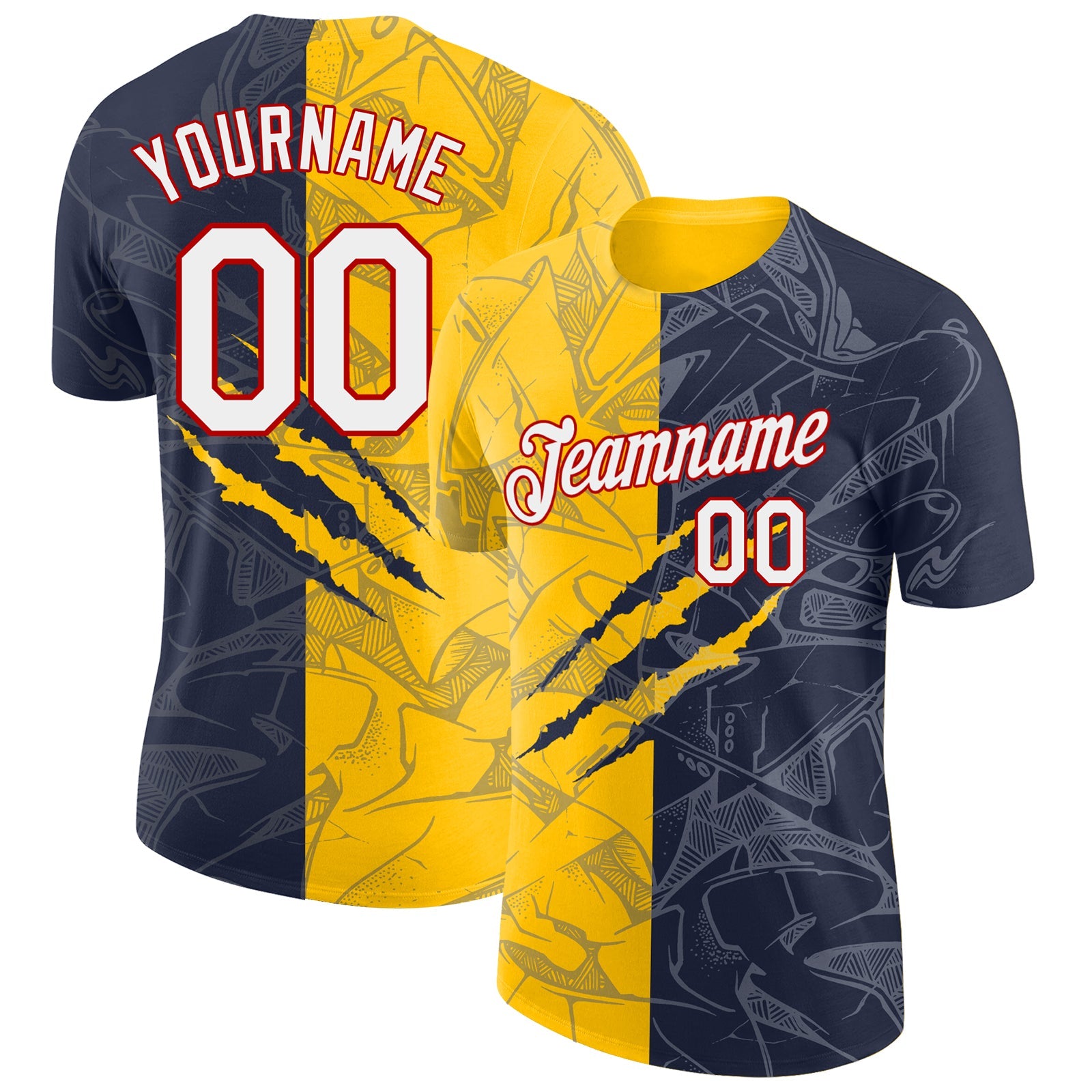 Custom Graffiti Pattern Navy Yellow-Red Scratch 3D Performance T-Shirt - Main View