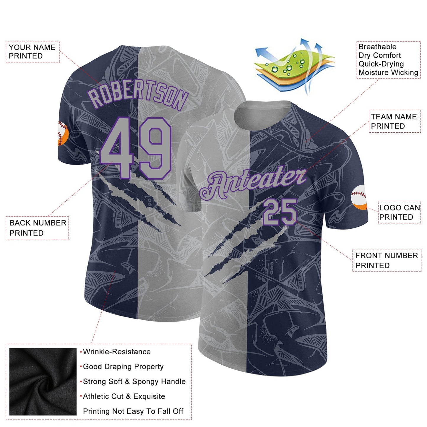 Custom Graffiti Pattern Gray Navy-Purple Scratch 3D Performance T-Shirt view 2