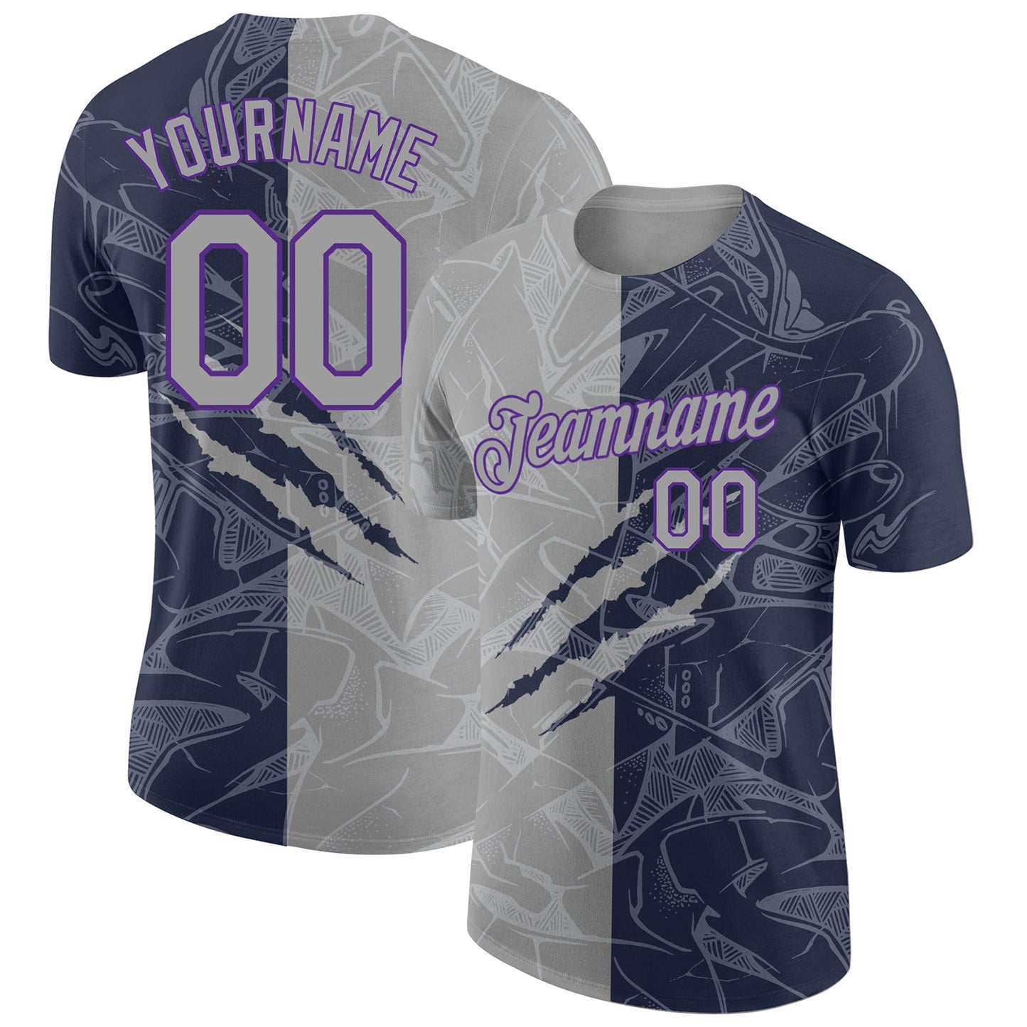 Custom Graffiti Pattern Gray Navy-Purple Scratch 3D Performance T-Shirt - Main View