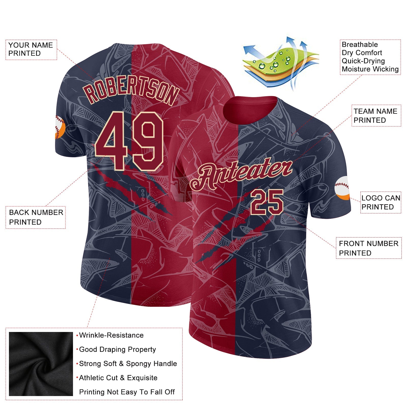 Custom Graffiti Pattern Crimson Navy-Cream Scratch 3D Performance T-Shirt view 2