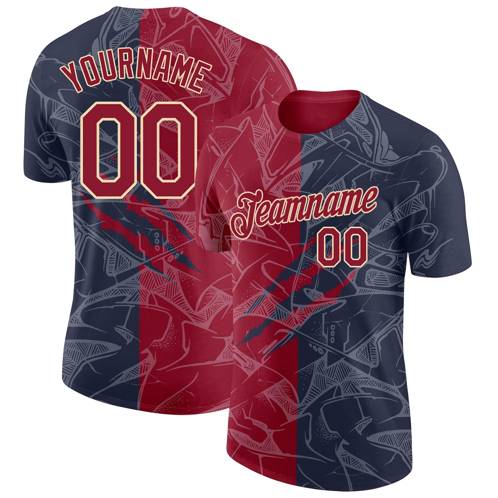 Custom Graffiti Pattern Crimson Navy-Cream Scratch 3D Performance T-Shirt - Main View