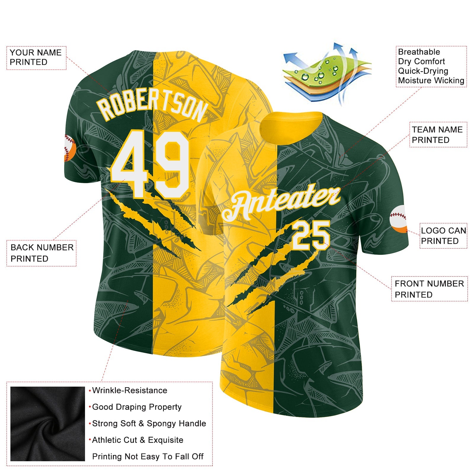 Custom Graffiti Pattern Green-Yellow Scratch 3D Performance T-Shirt view 2