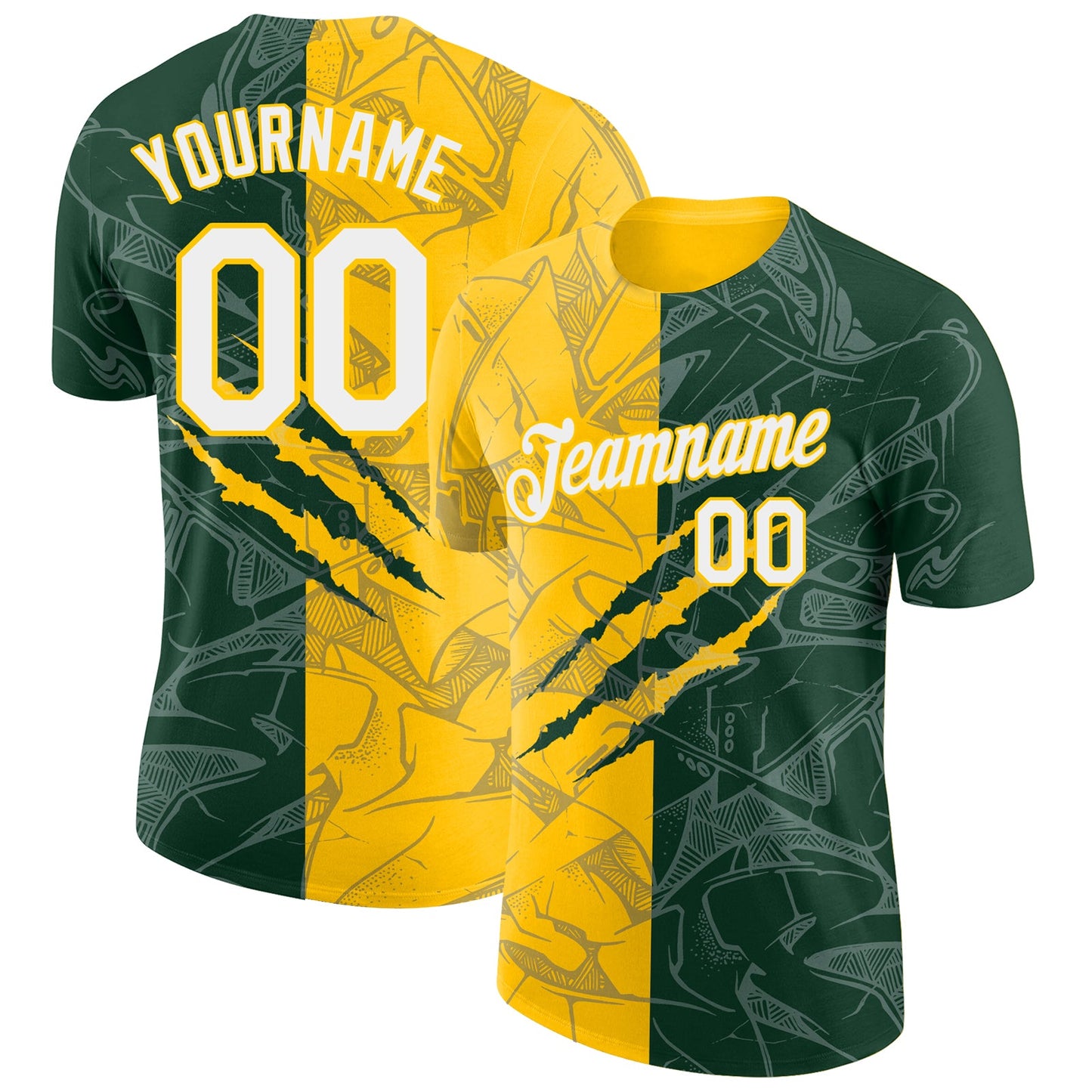 Custom Graffiti Pattern Green-Yellow Scratch 3D Performance T-Shirt - Main View
