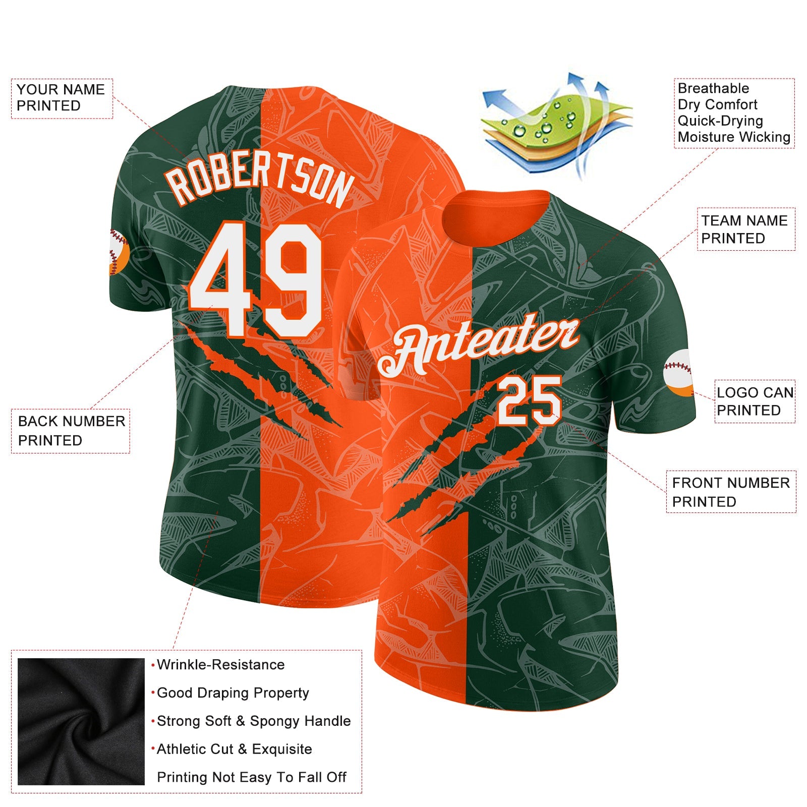 Custom Graffiti Pattern Green-Orange Scratch 3D Performance T-Shirt view 2