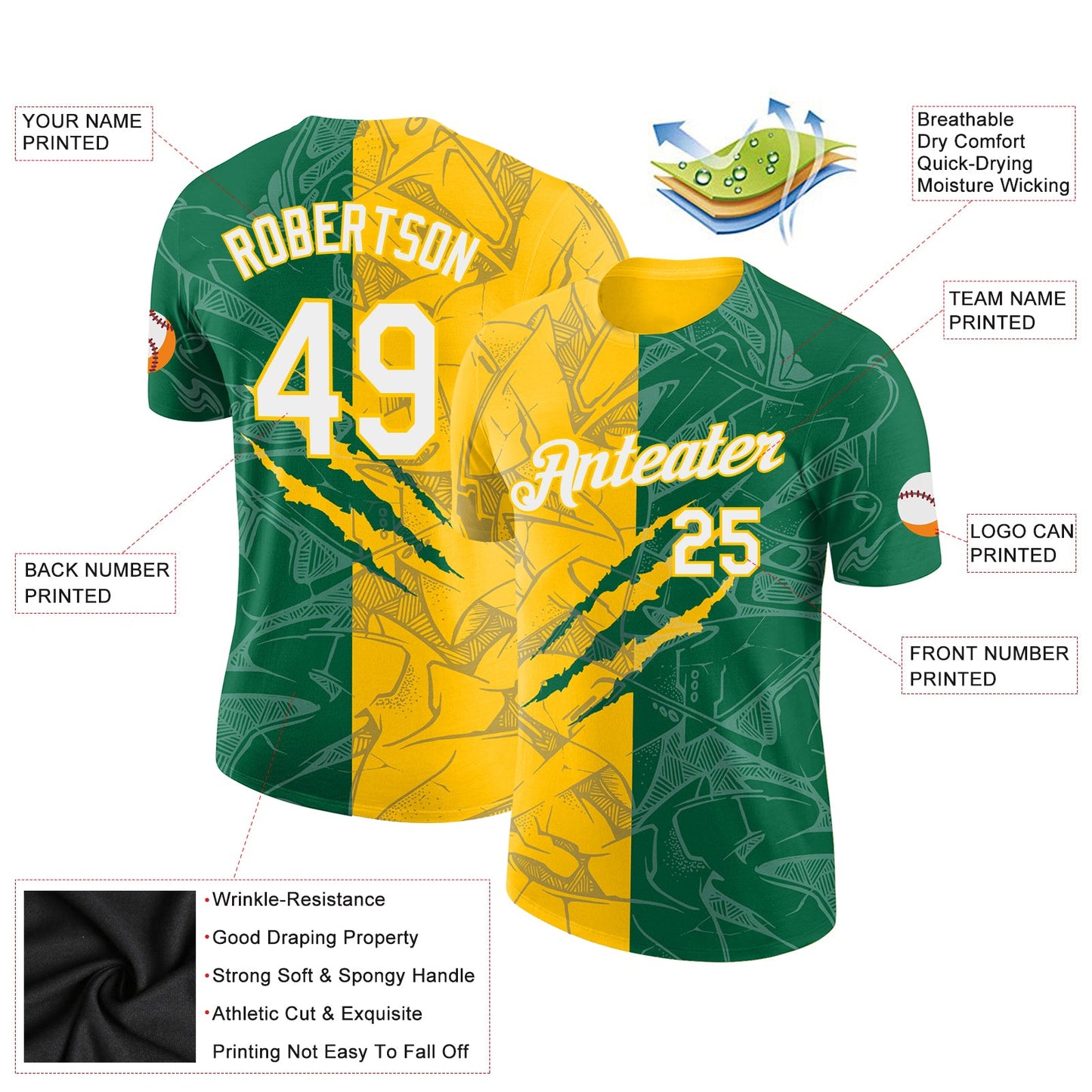 Custom Graffiti Pattern Kelly Green-Yellow Scratch 3D Performance T-Shirt view 2