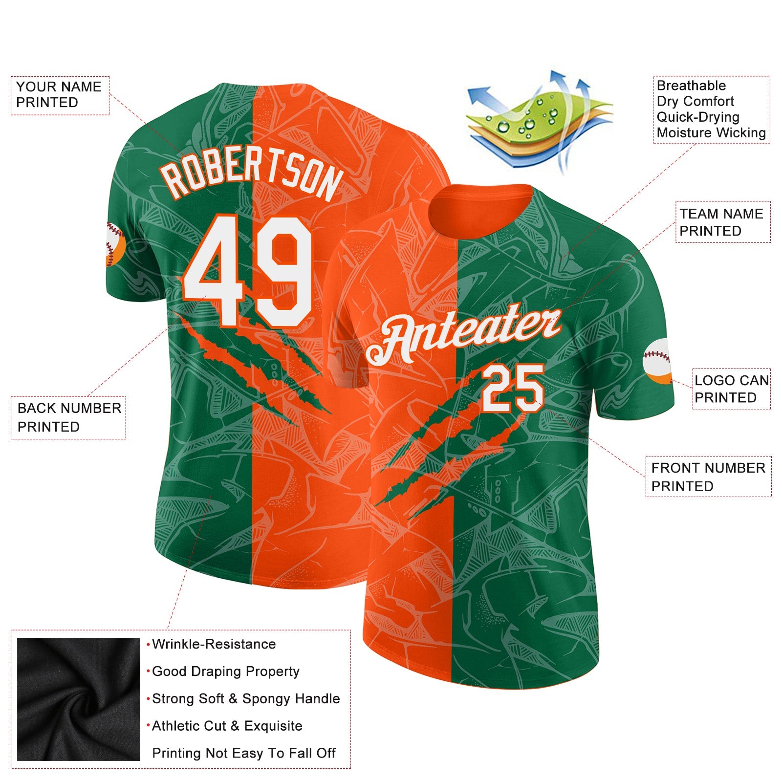 Custom Graffiti Pattern Kelly Green-Orange Scratch 3D Performance T-Shirt view 2
