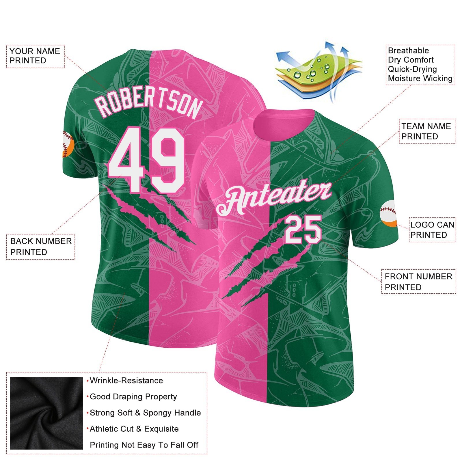 Custom Graffiti Pattern Kelly Green-Pink Scratch 3D Performance T-Shirt view 2