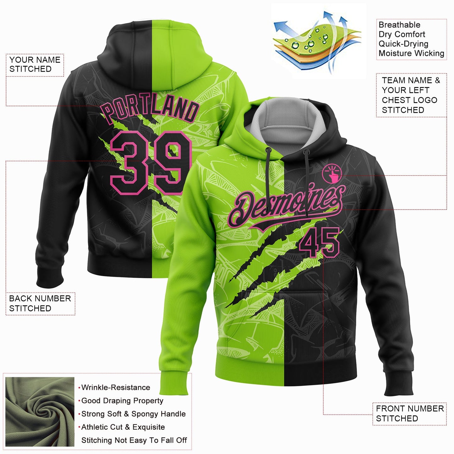 Custom Stitched Graffiti Pattern Black Neon Green-Pink 3D Scratch Sports Pullover Sweatshirt Hoodie view 2