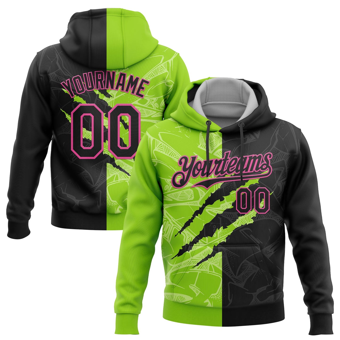 Custom Stitched Graffiti Pattern Black Neon Green-Pink 3D Scratch Sports Pullover Sweatshirt Hoodie - Main View