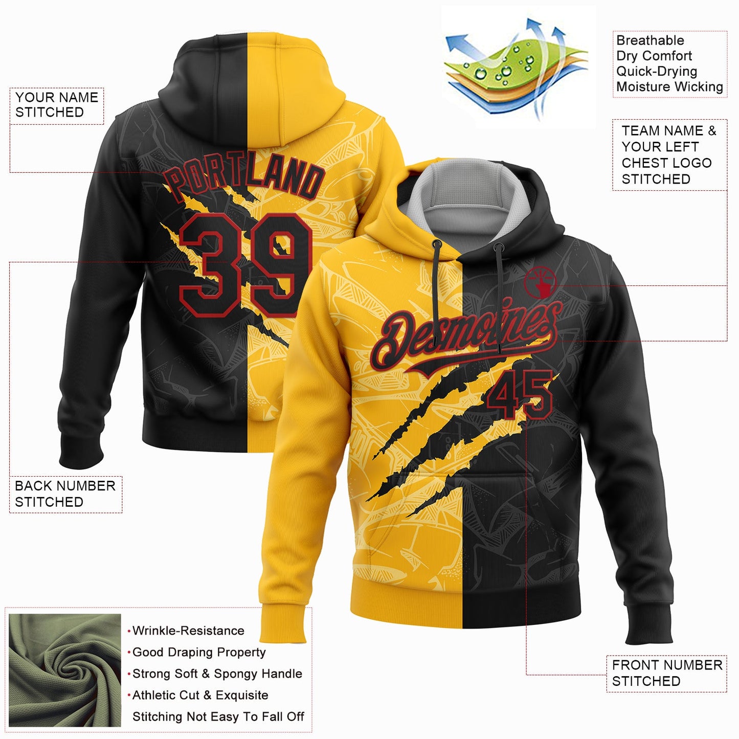 Custom Stitched Graffiti Pattern Black Gold-Red 3D Scratch Sports Pullover Sweatshirt Hoodie view 2